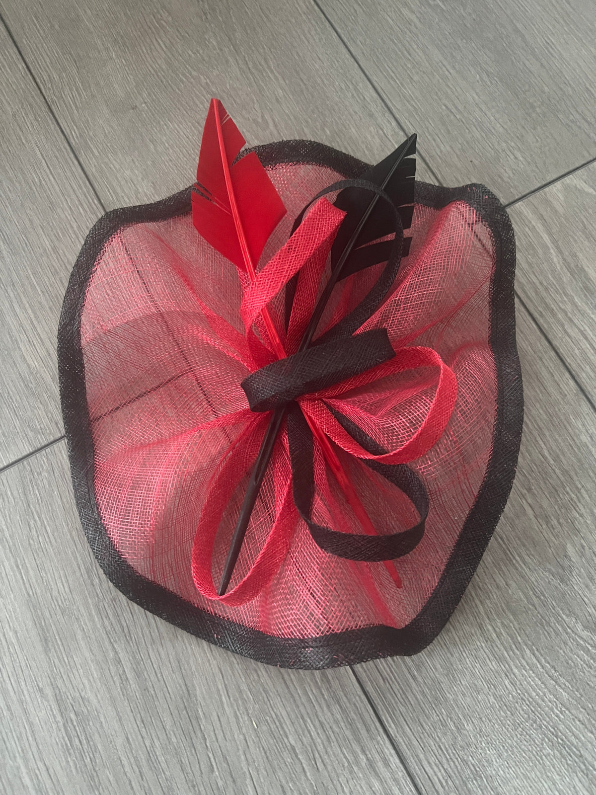 Red &amp; Black Large Fascinator with Ruched Sinamay &amp; Feathers-Fascinators Direct