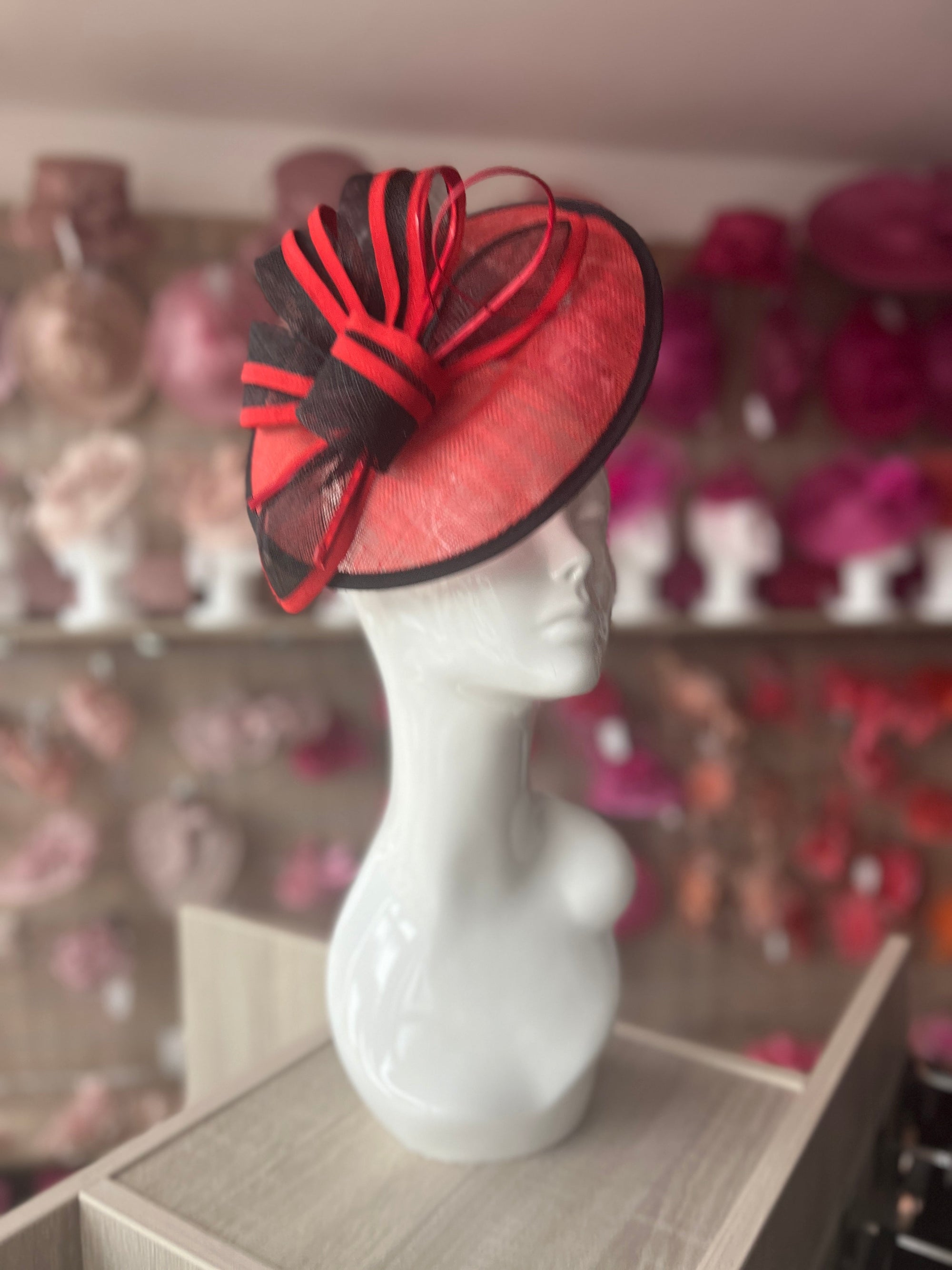 Red & Black Round Saucer Fasciantor With Quills-Fascinators Direct