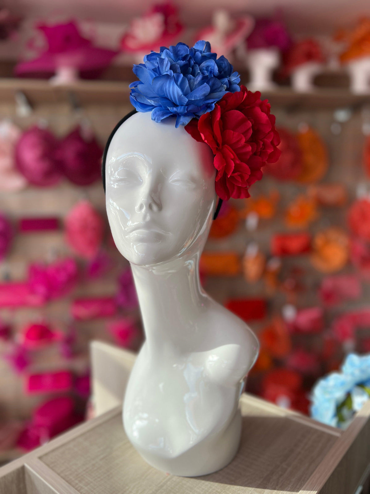 Red &amp; Blue Double Peony Flower Headband-Fascinators Direct