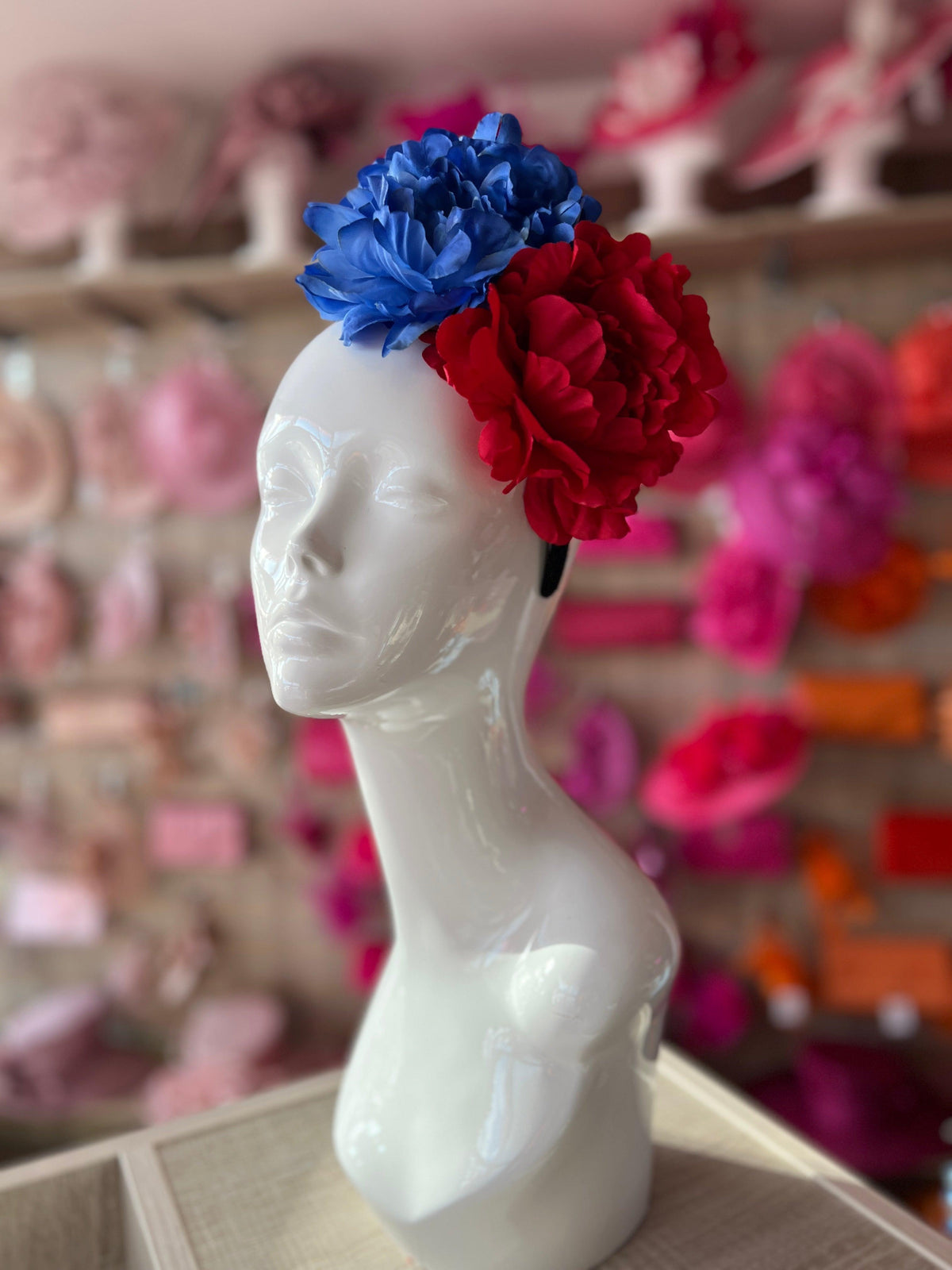 Red &amp; Blue Double Peony Flower Headband-Fascinators Direct