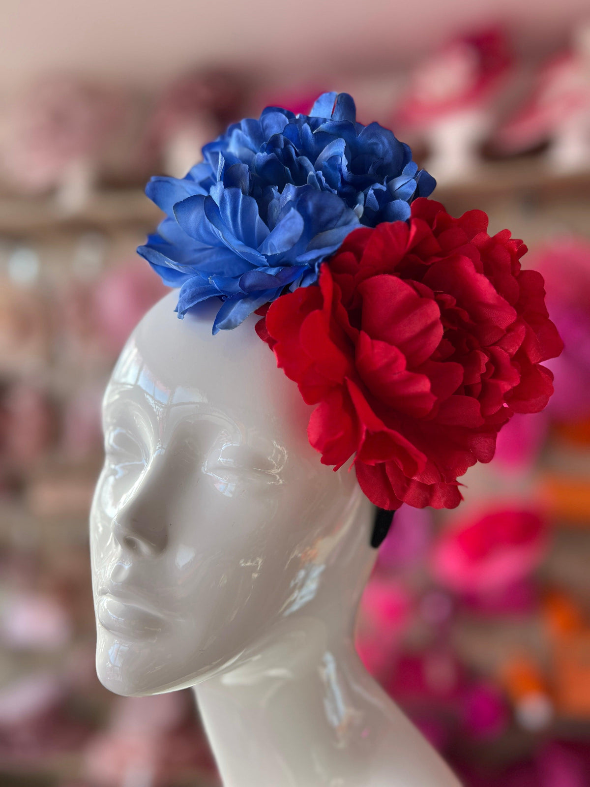 Red &amp; Blue Double Peony Flower Headband-Fascinators Direct