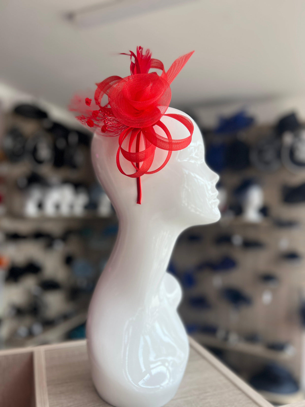Red Crinoline Fascinator with Beads, Loops &amp; Netting-Fascinators Direct
