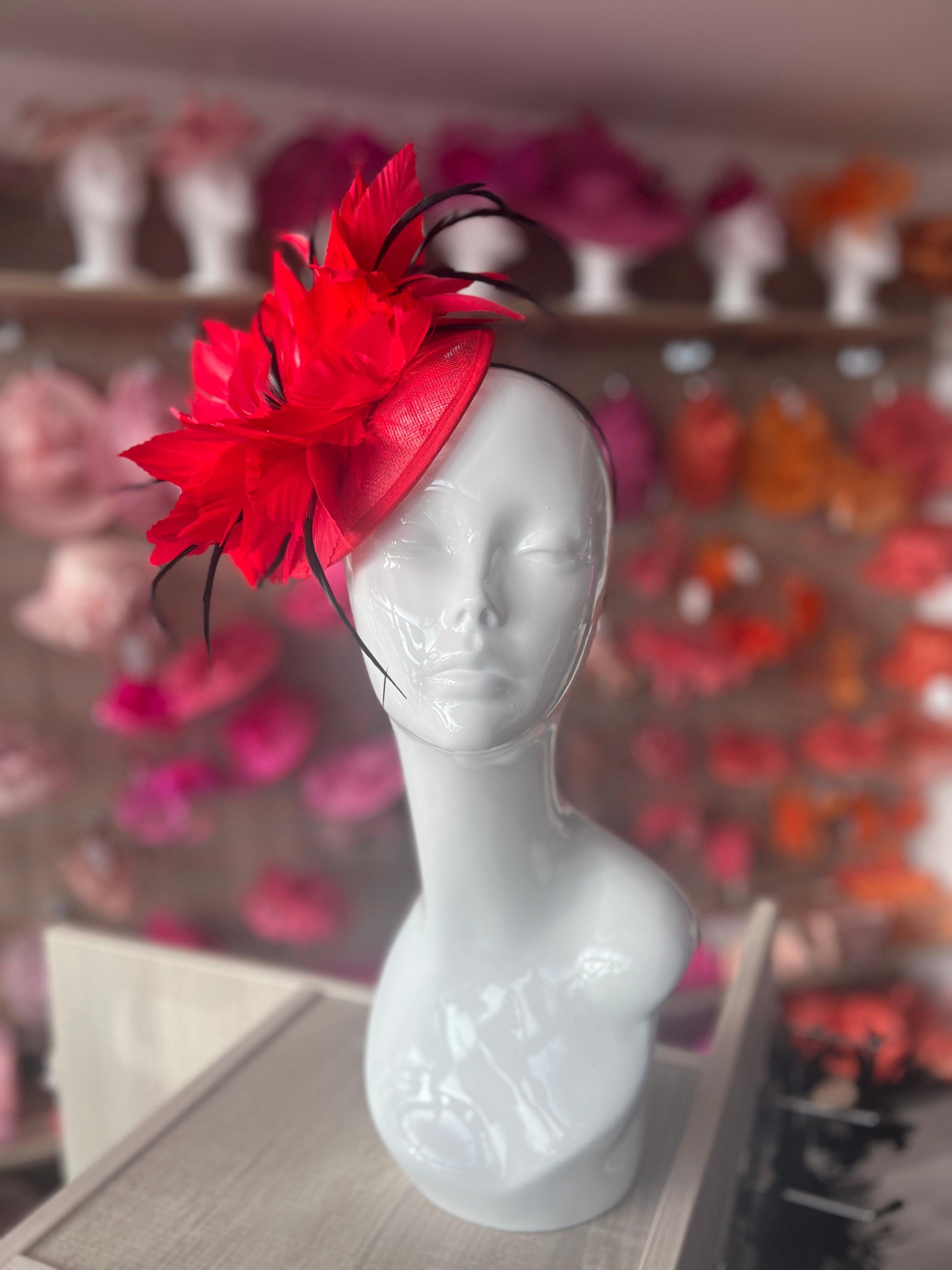 Red Disc Fascinator With Bendable Feather-Fascinators Direct