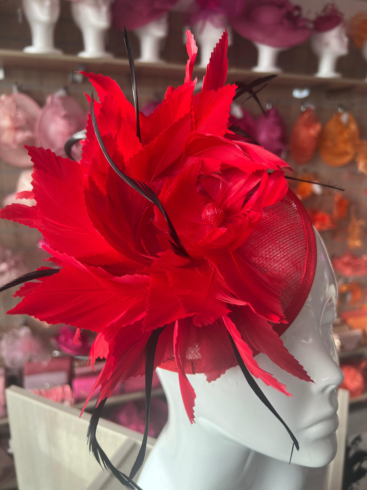 Red Disc Fascinator With Bendable Feather-Fascinators Direct