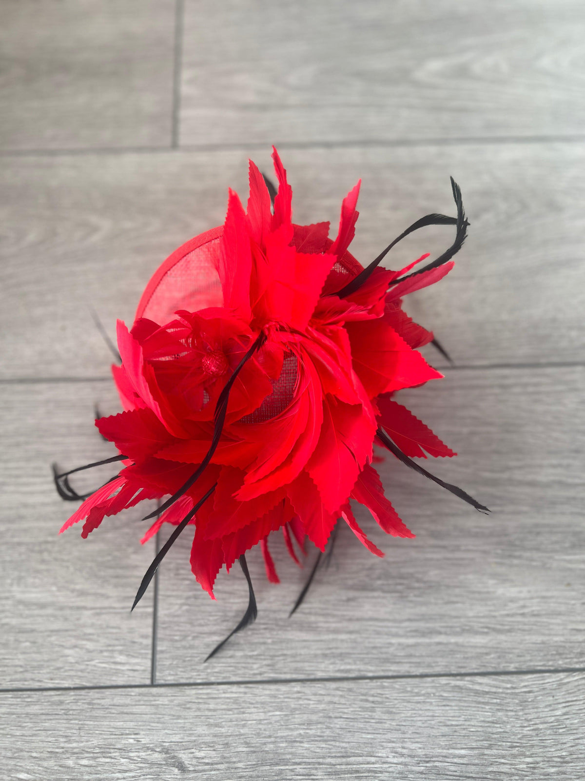 Red Disc Fascinator With Bendable Feather-Fascinators Direct