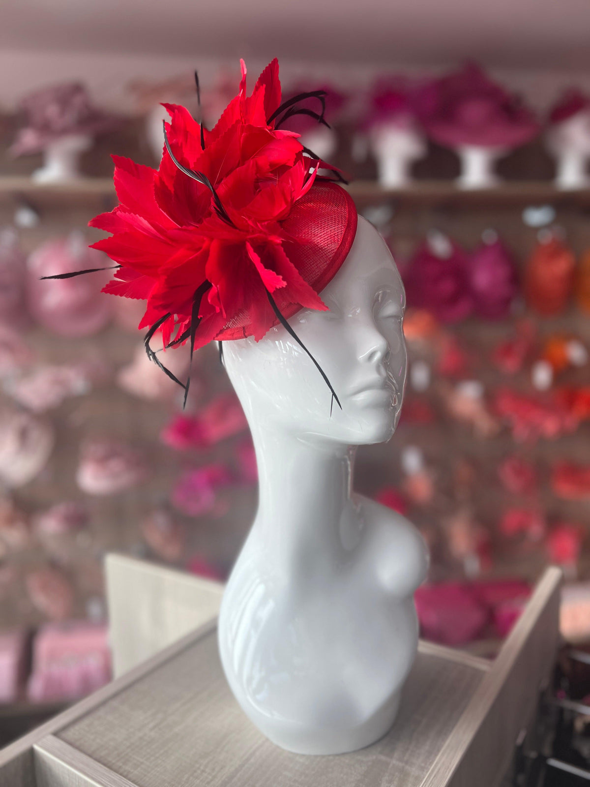 Red Disc Fascinator With Bendable Feather-Fascinators Direct