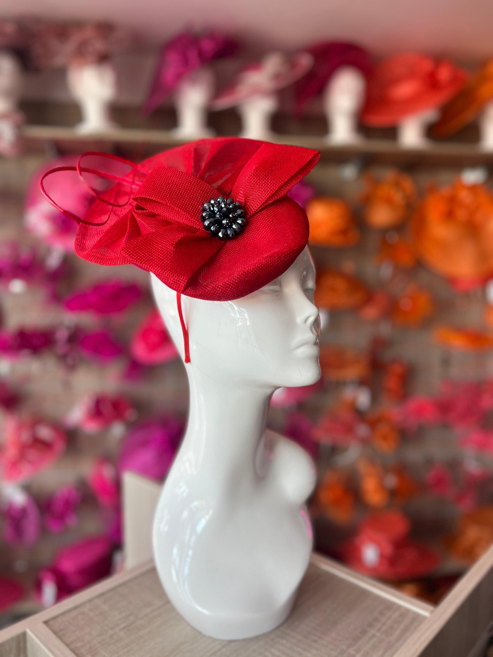 Red Fan Pillbox With Beaded Cluster & Quill-Fascinators Direct