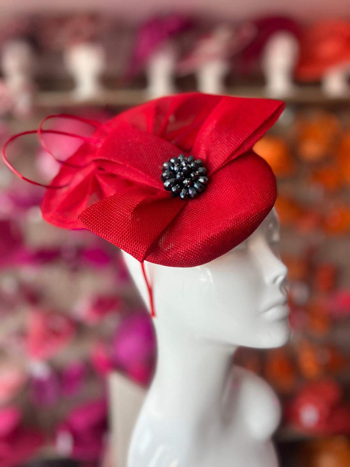 Red Fan Pillbox With Beaded Cluster &amp; Quill-Fascinators Direct