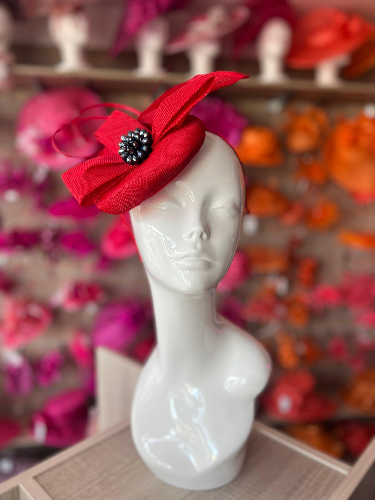 Red Fan Pillbox With Beaded Cluster &amp; Quill-Fascinators Direct