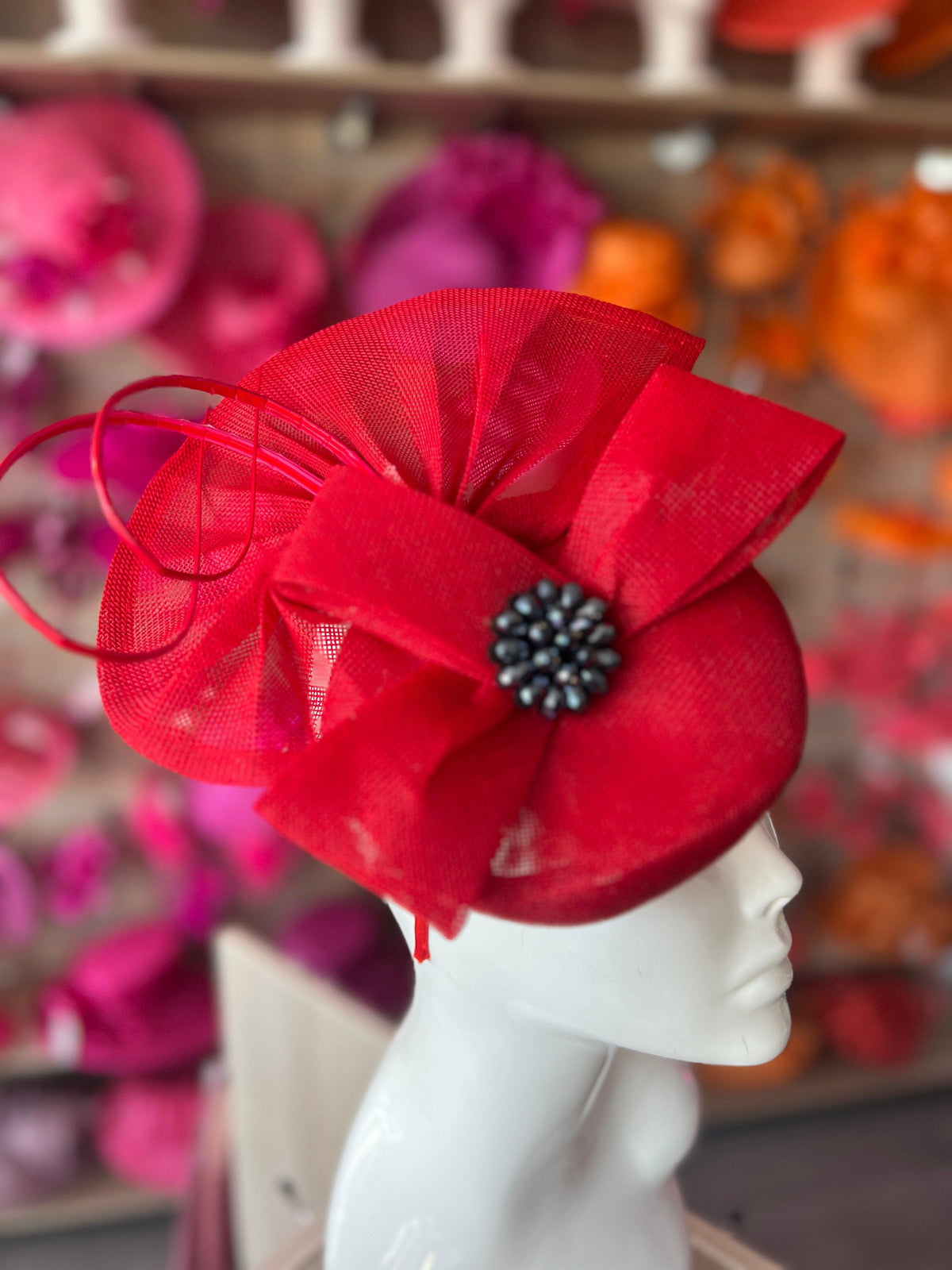 Red Fan Pillbox With Beaded Cluster &amp; Quill-Fascinators Direct