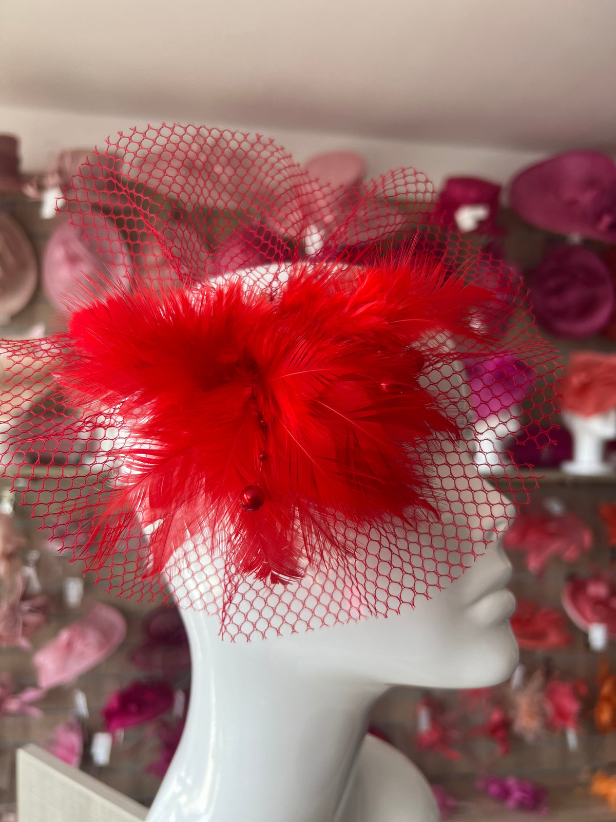 Red Fascinator Clip with Feather Flower &amp; Netting-Fascinators Direct