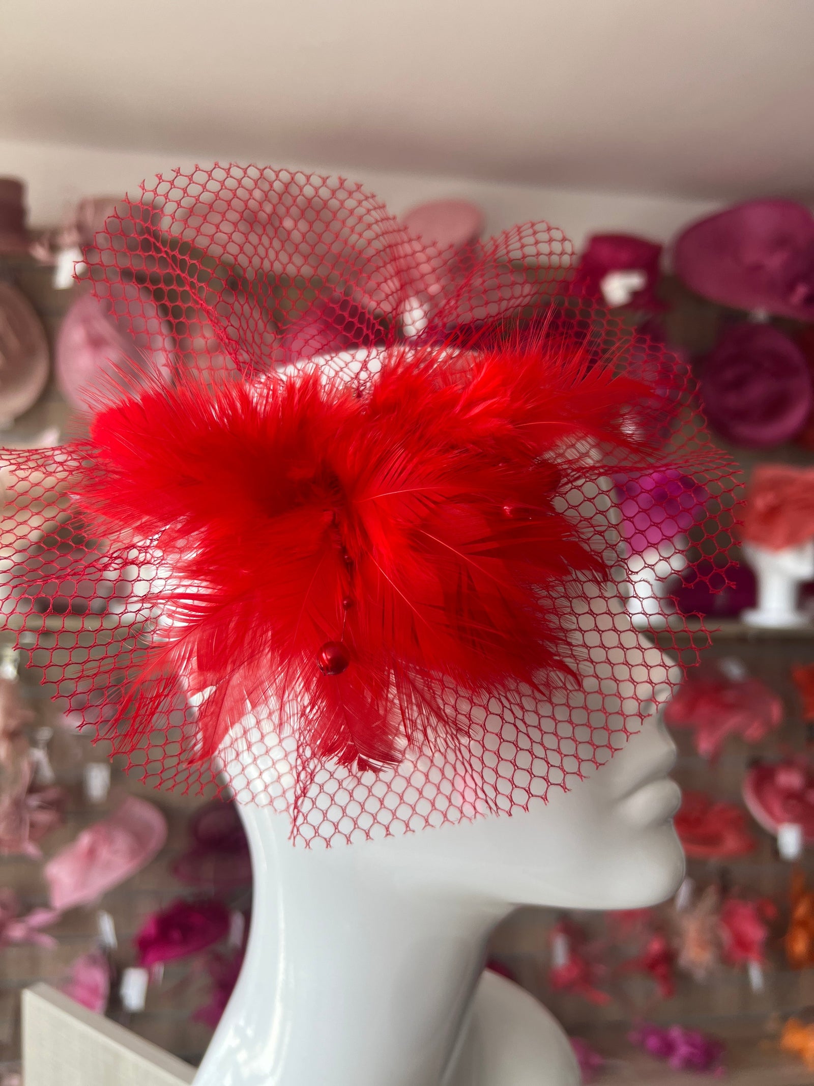 Red Fascinator Clip with Feather Flower & Netting-Fascinators Direct