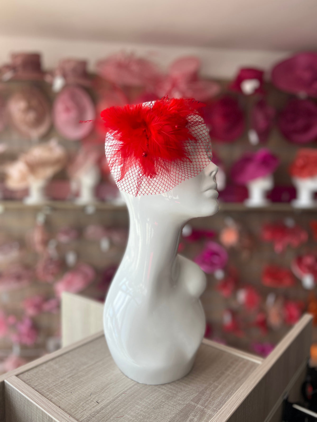 Red Fascinator Clip with Feather Flower &amp; Netting-Fascinators Direct