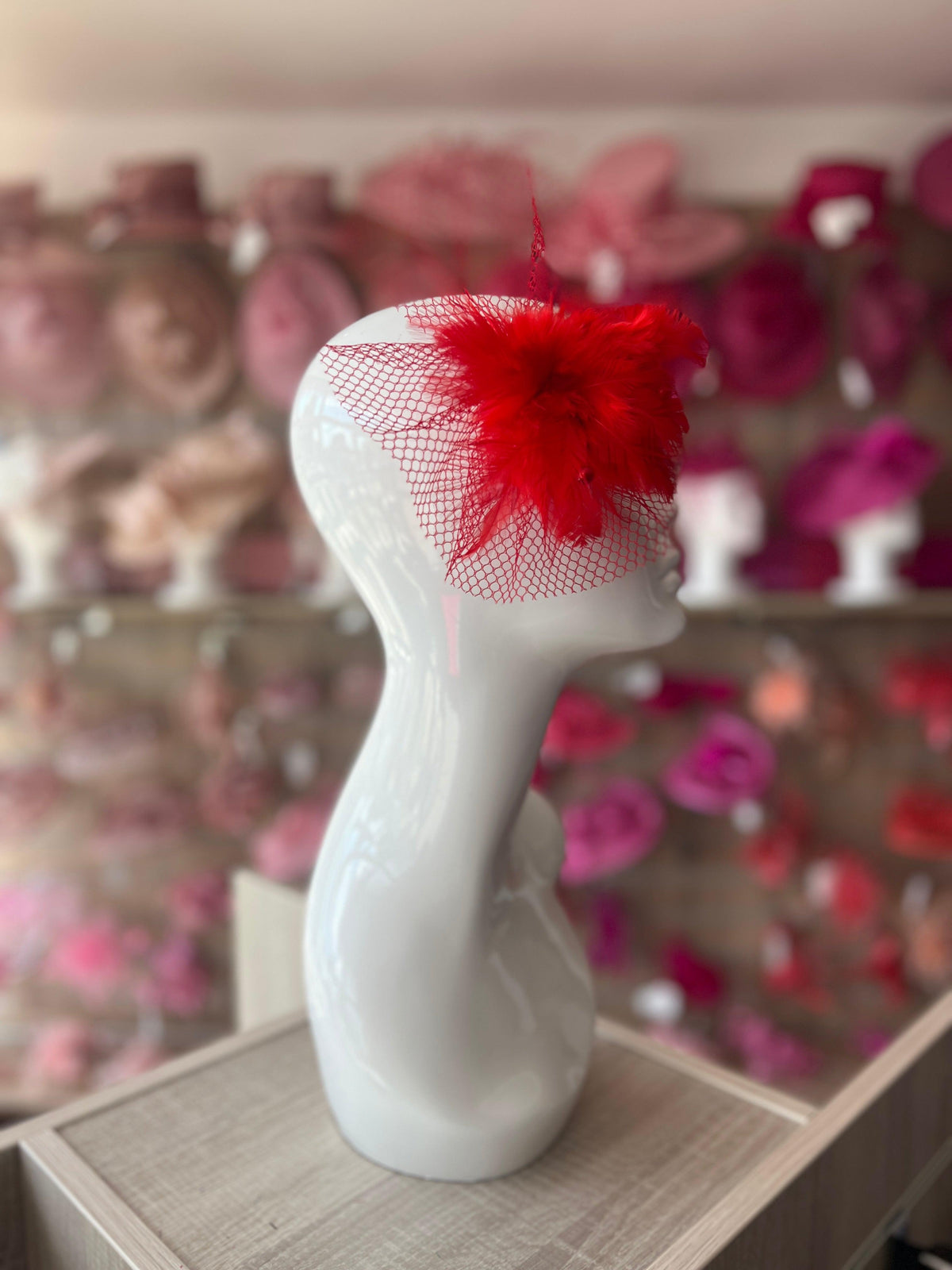 Red Fascinator Clip with Feather Flower &amp; Netting-Fascinators Direct
