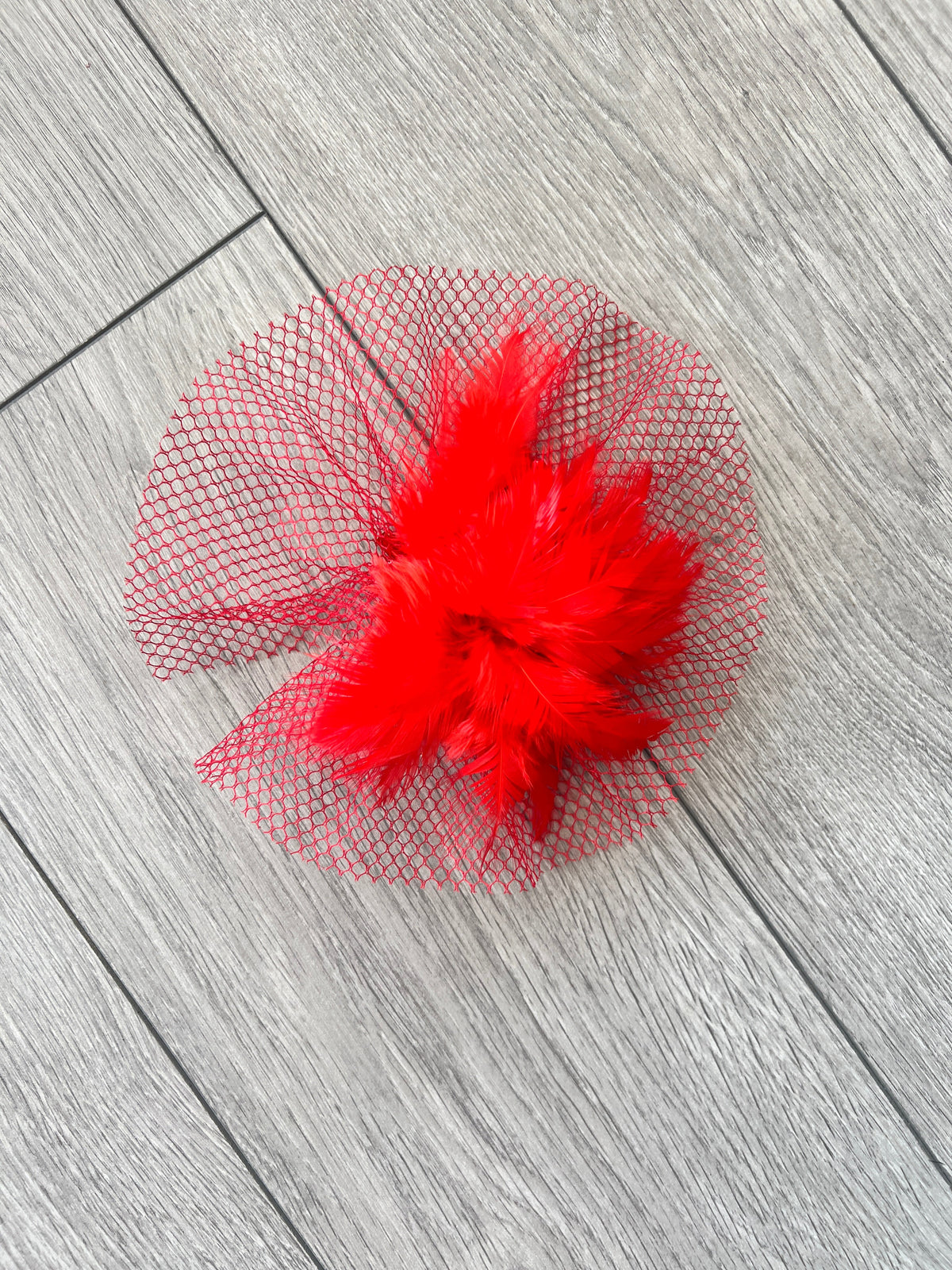 Red Fascinator Clip with Feather Flower &amp; Netting-Fascinators Direct