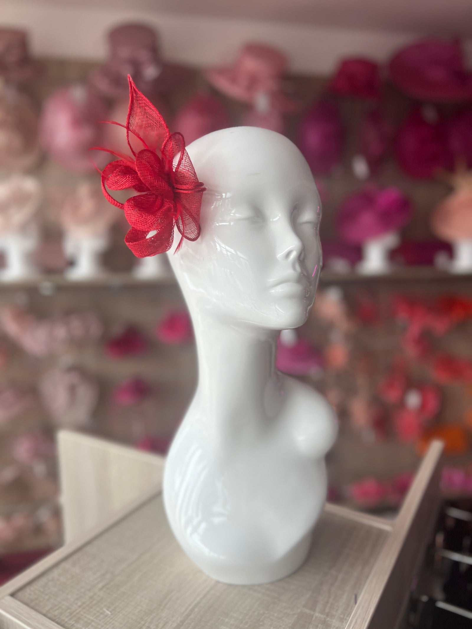 Red Fascinator Clip with Sinamay & Feather Flower-Fascinators Direct