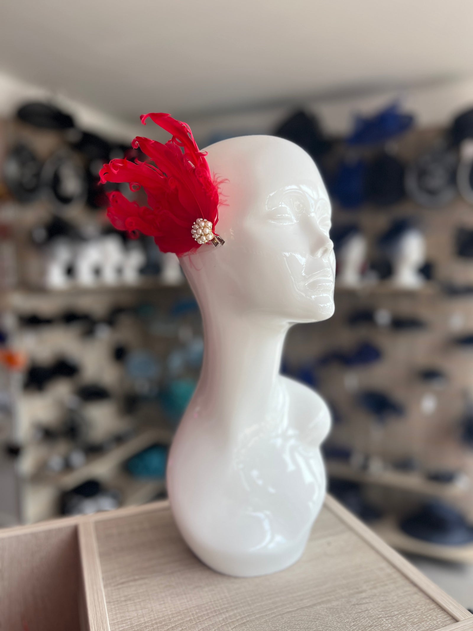 Red Fascinator Clip with Vintage Feathers & Pearls-Fascinators Direct