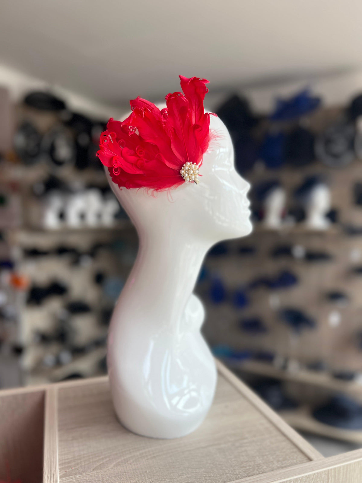 Red Fascinator Clip with Vintage Feathers &amp; Pearls-Fascinators Direct