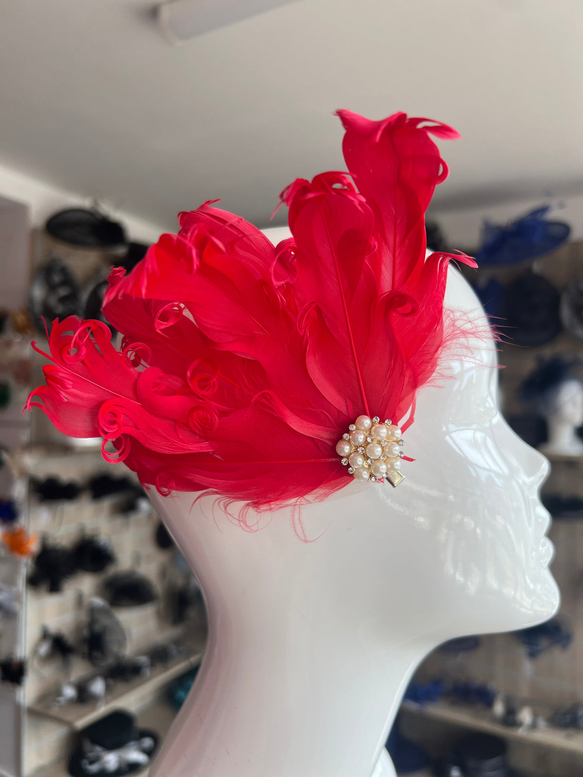 Red Fascinator Clip with Vintage Feathers &amp; Pearls-Fascinators Direct
