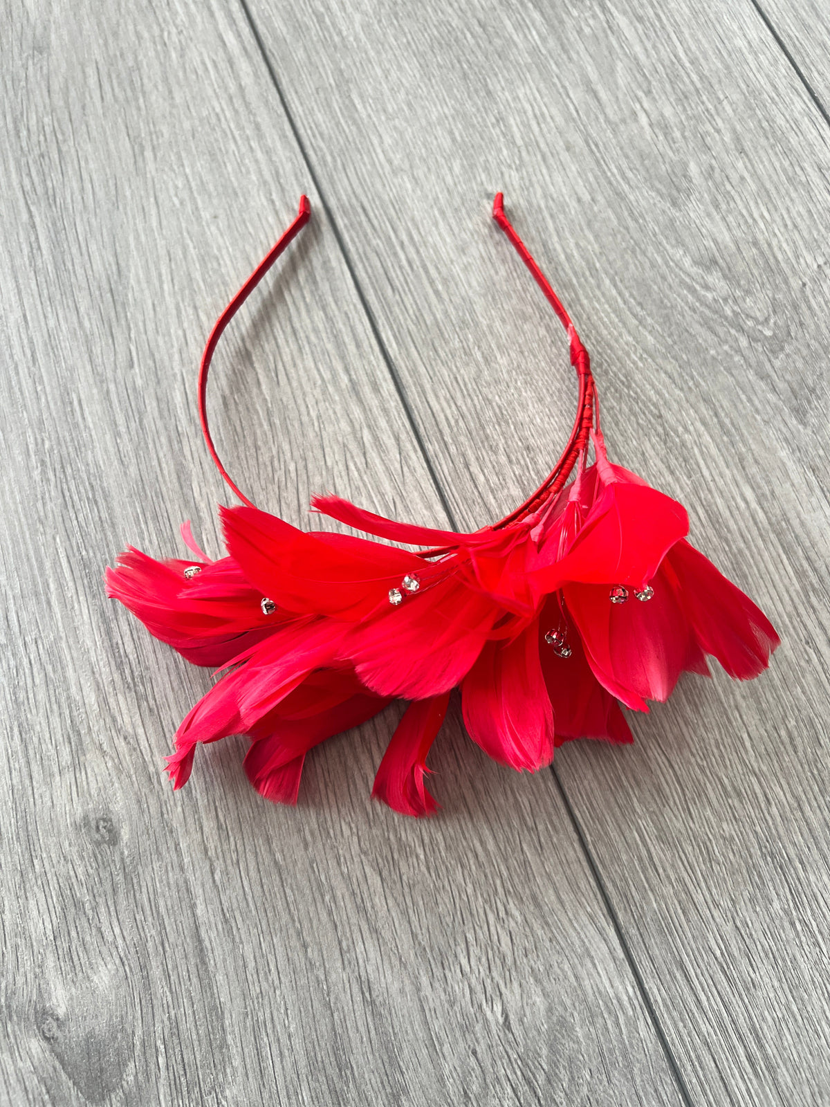 Red Fascinator Headband with Feather Petals &amp; Diamanté-Fascinators Direct