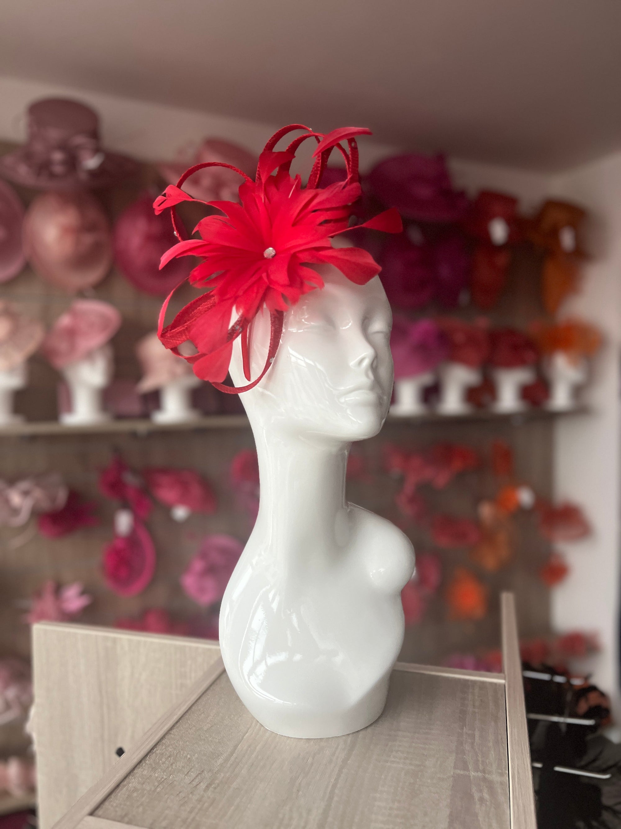 Red Fascinator With Diamanté Loops & Flower-Fascinators Direct