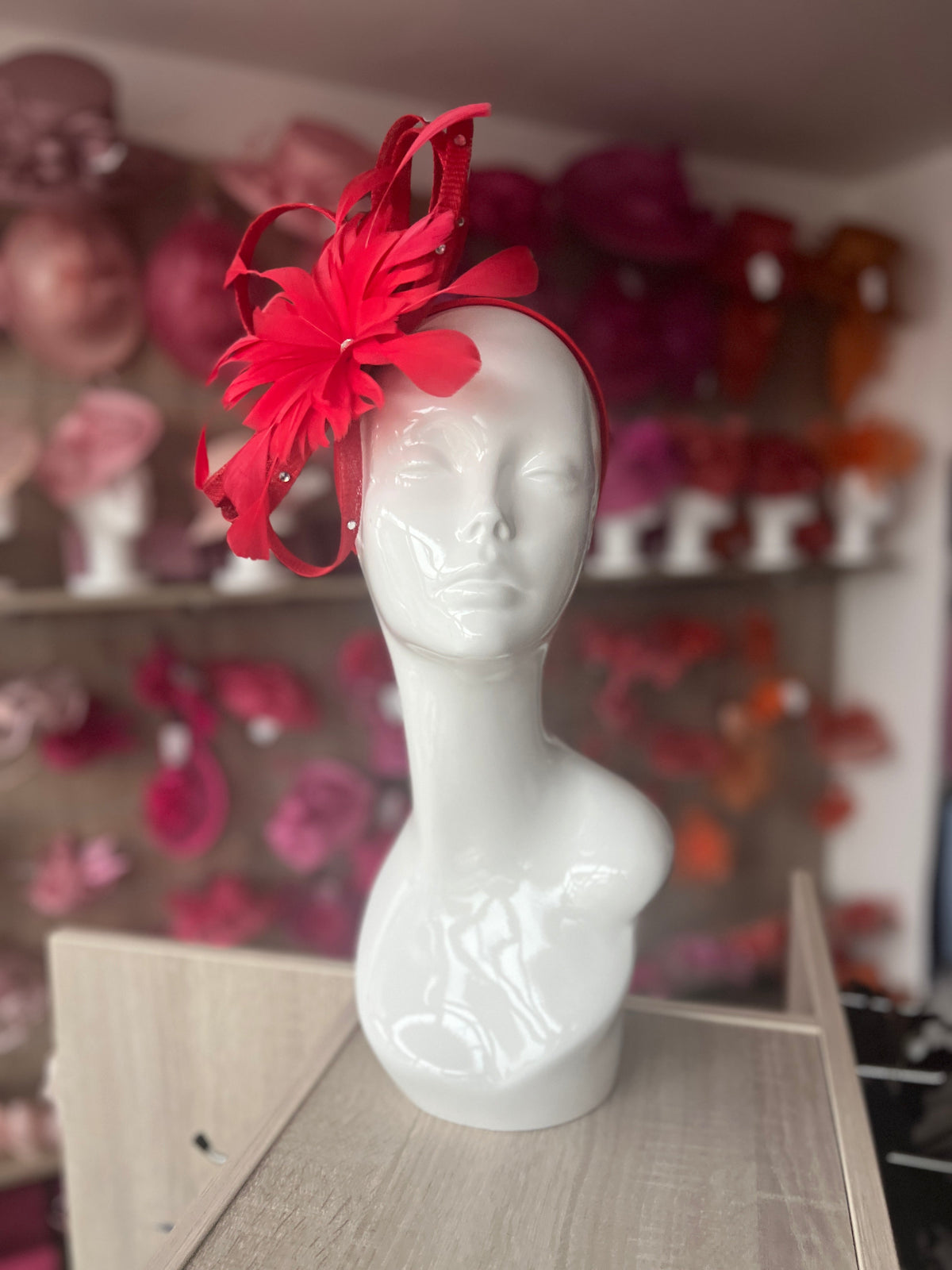Red Fascinator With Diamanté Loops &amp; Flower-Fascinators Direct
