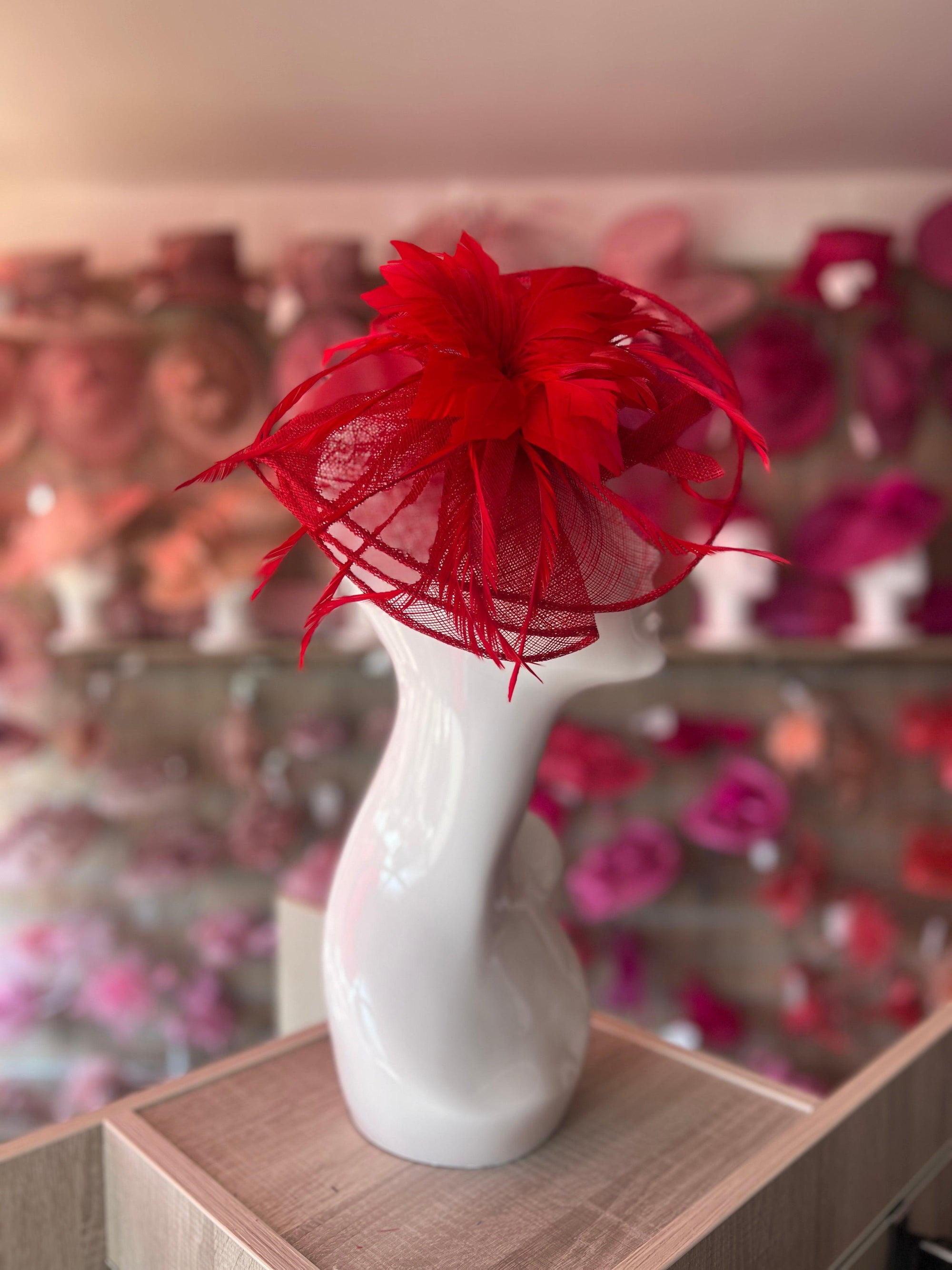 Red Fascinator on Comb with Red Feather Flower-Fascinators Direct