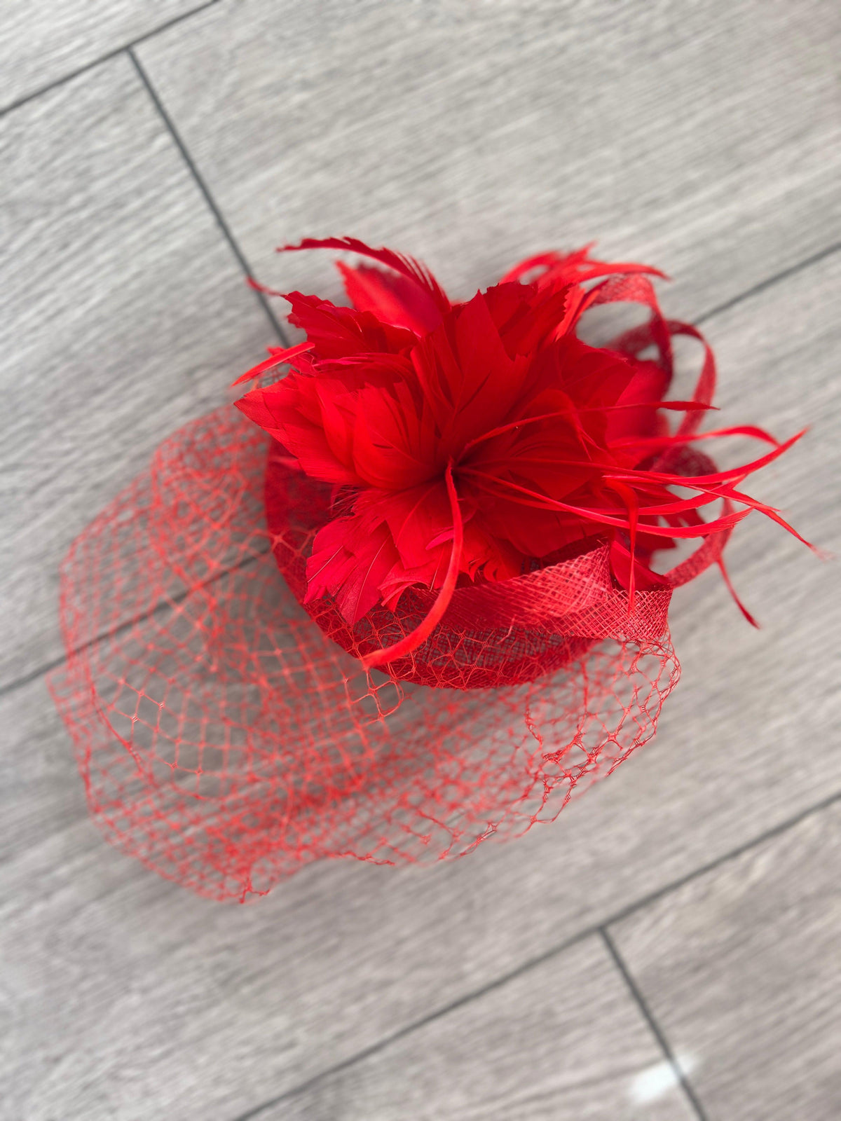 Red Feather Flower Disc Fascinator with Veil-Fascinators Direct