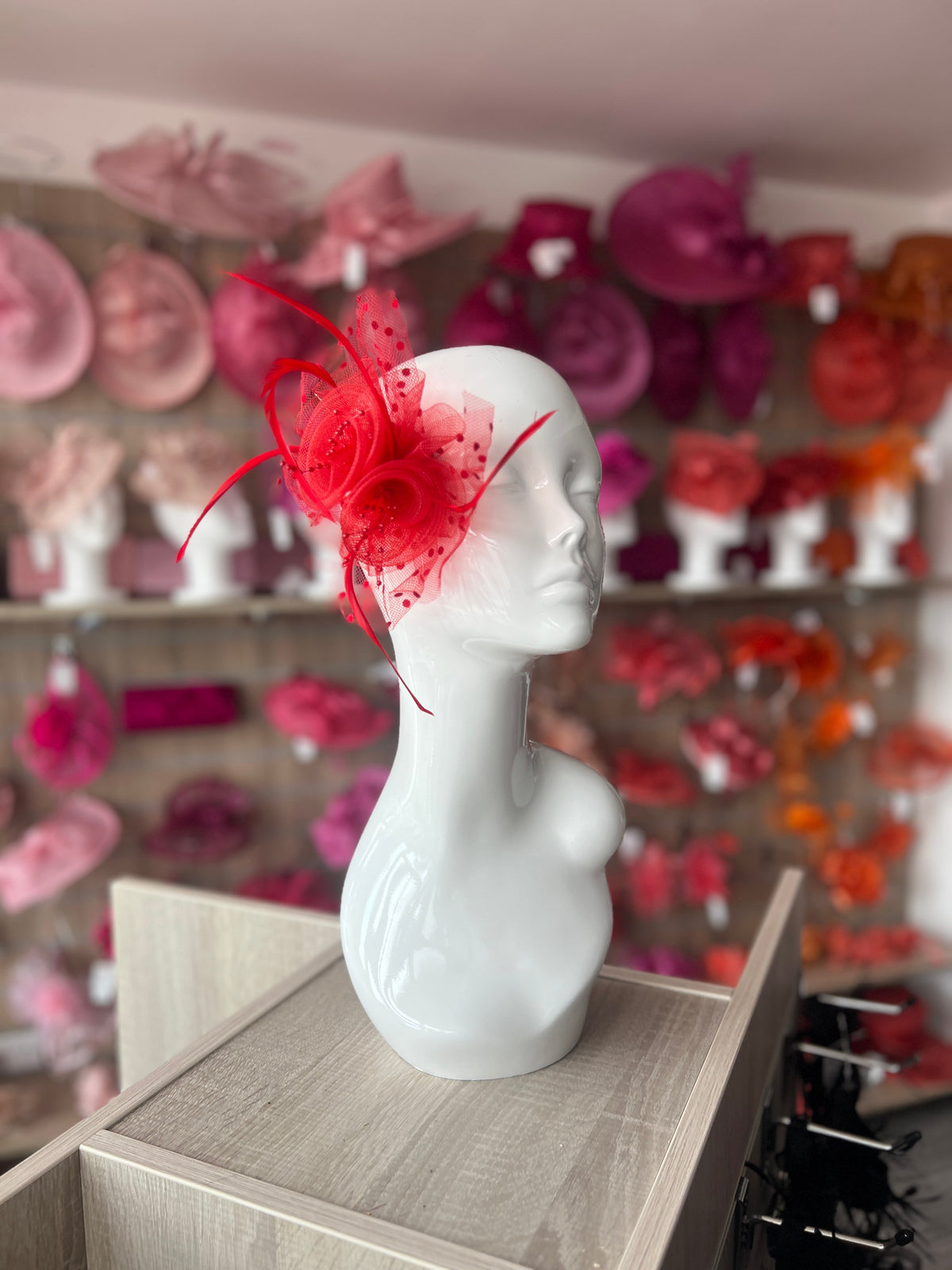 Red Flower Fascinator Clip with Polka Dot Netting-Fascinators Direct