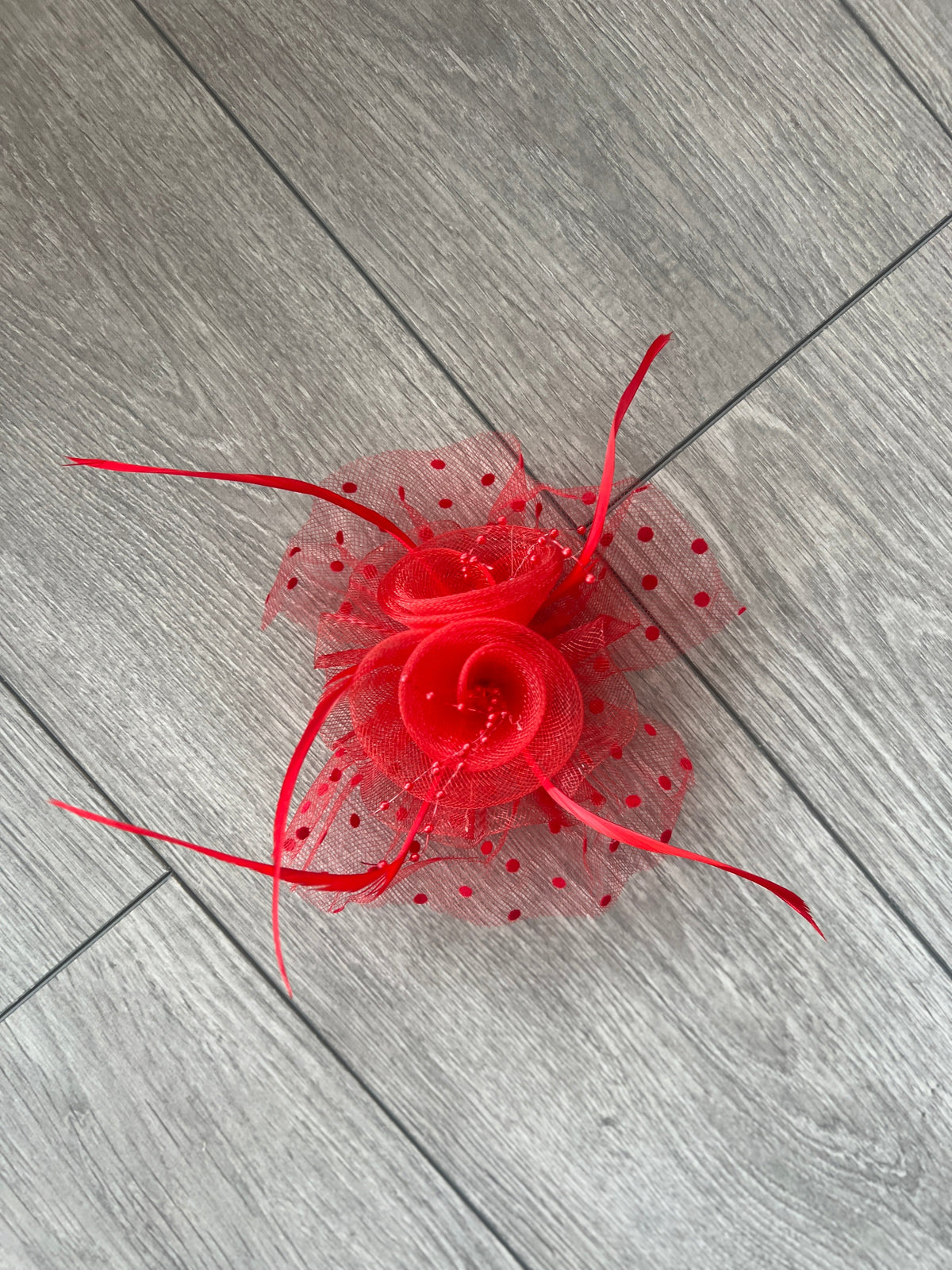Red Flower Fascinator Clip with Polka Dot Netting-Fascinators Direct
