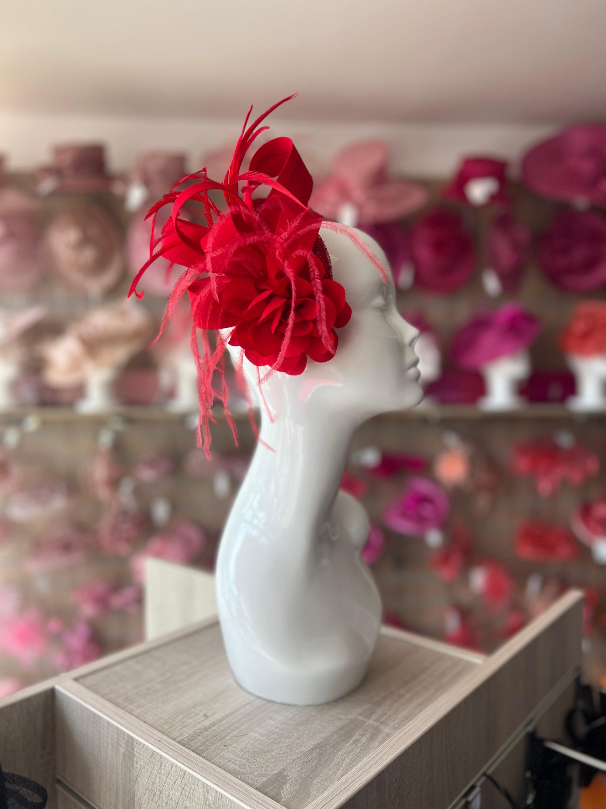 Red Flower Fascinator with Looped Ribbons & Wispy Feathers-Fascinators Direct