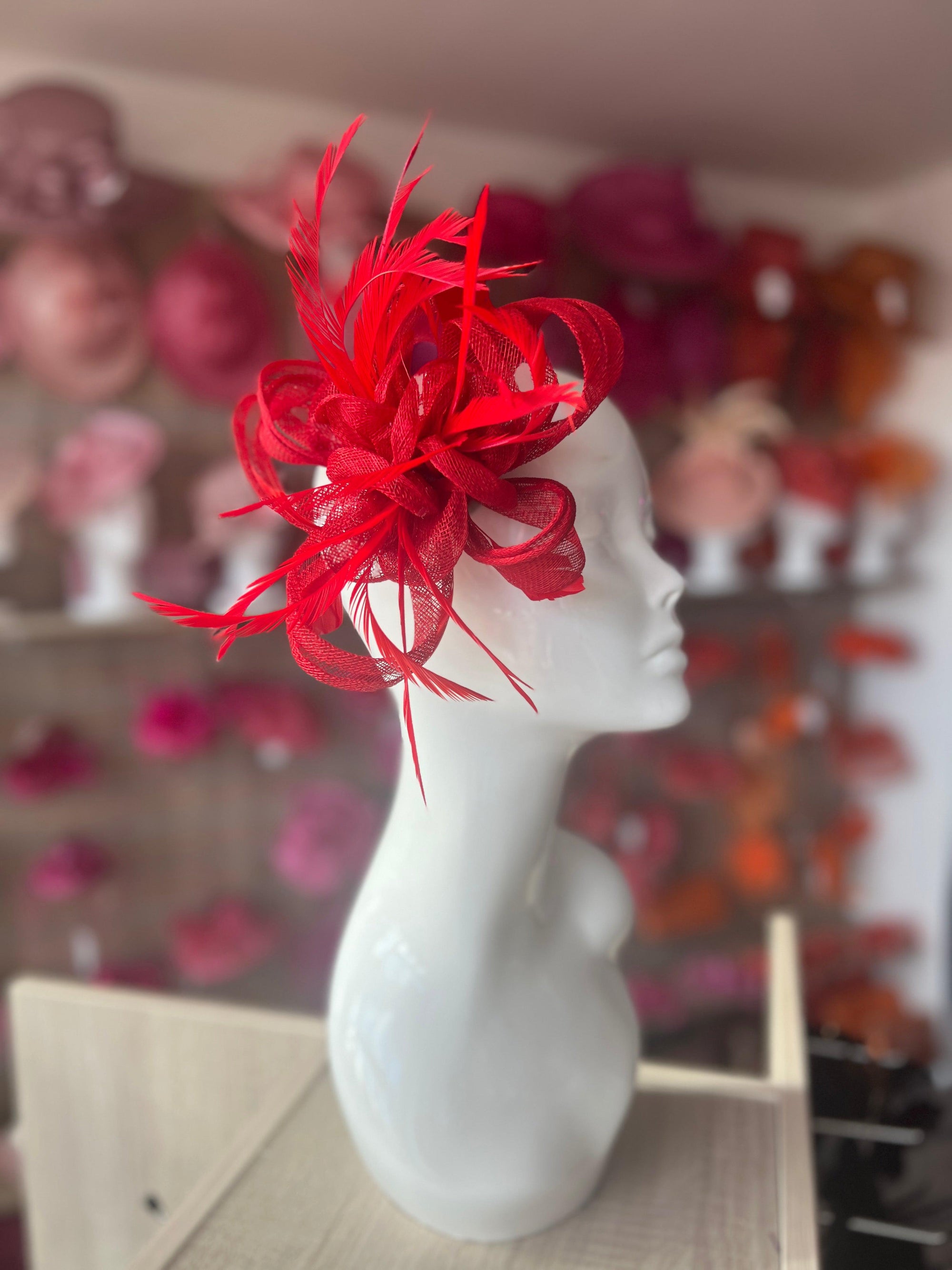 Red Flower Fascinator with Loops & Feathers-Fascinators Direct