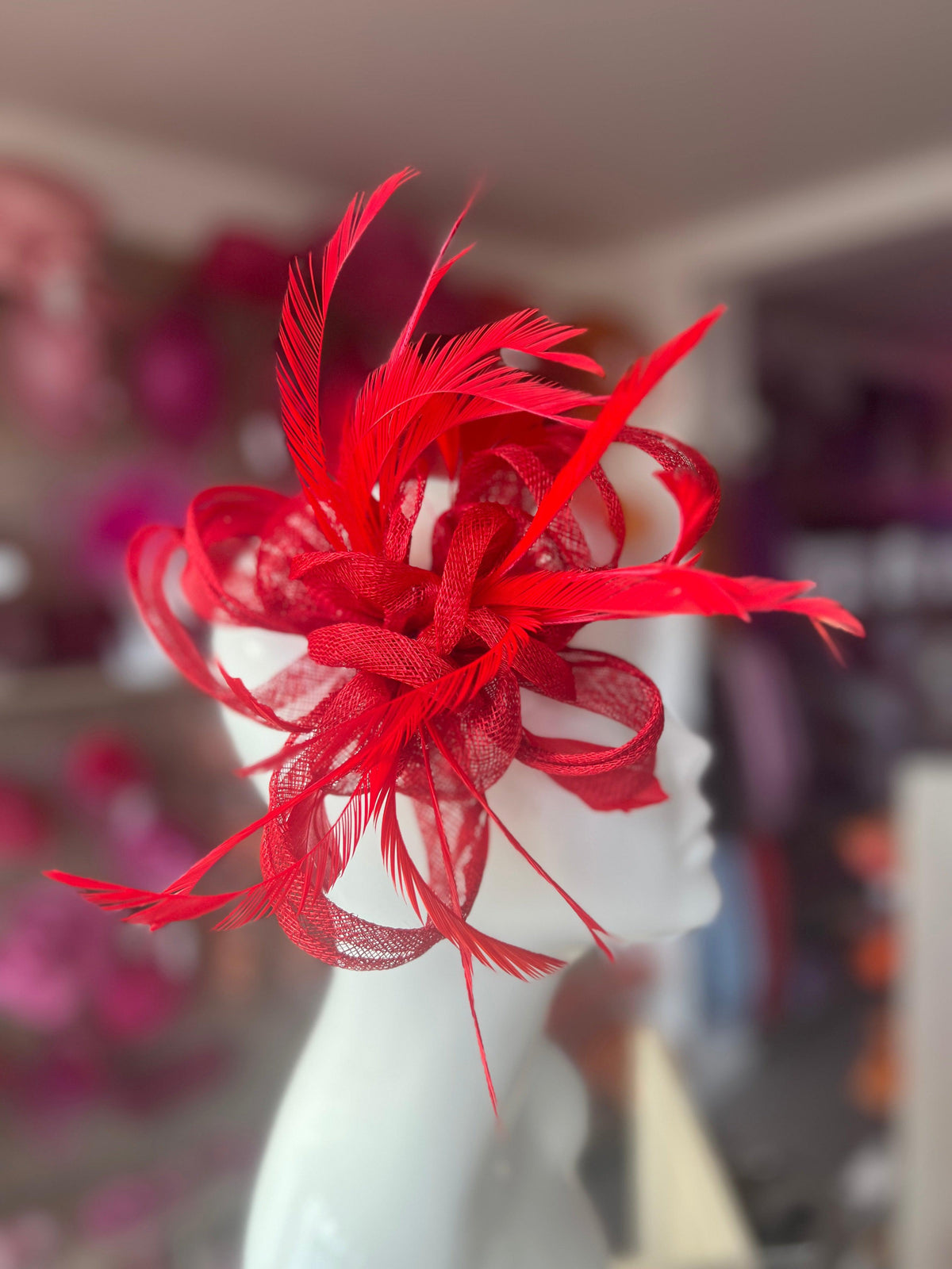Red Flower Fascinator with Loops &amp; Feathers-Fascinators Direct