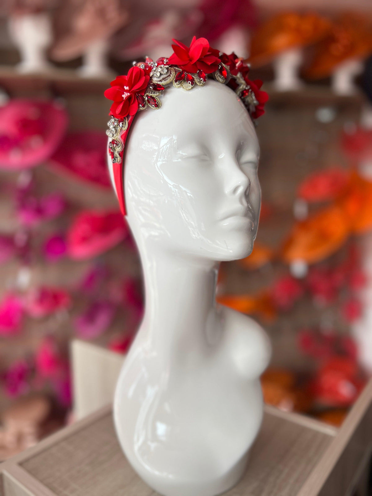 Red Flower Headband With Beads &amp; Diamantes-Fascinators Direct