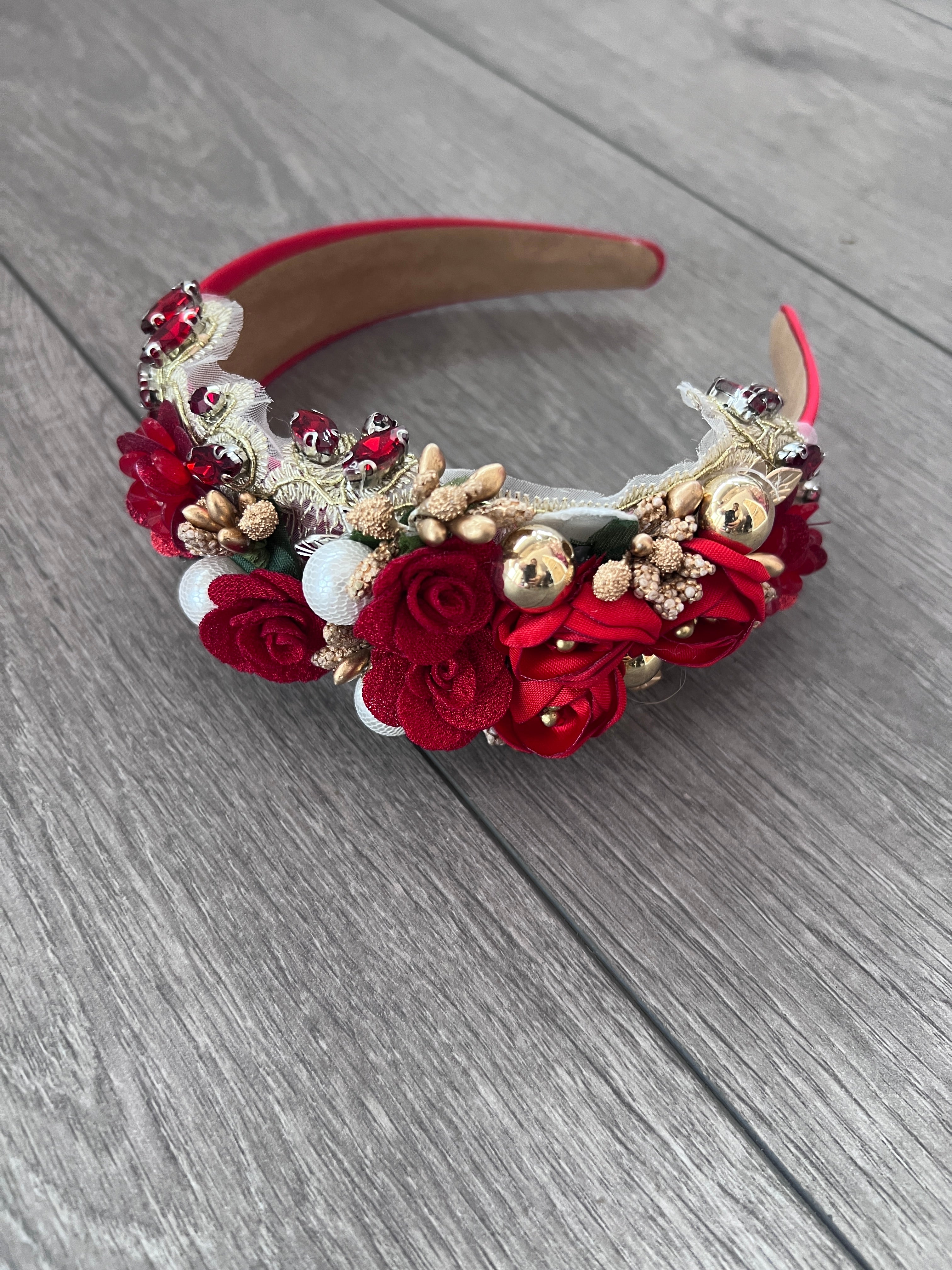 Red Flower Headband With Pearls & Diamantes
