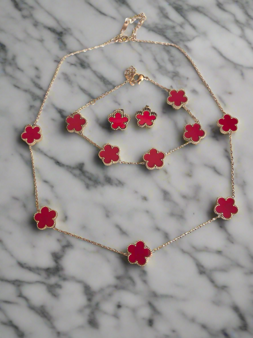 Red Flower Necklace,Bracelet,Earrings Set-Fascinators Direct