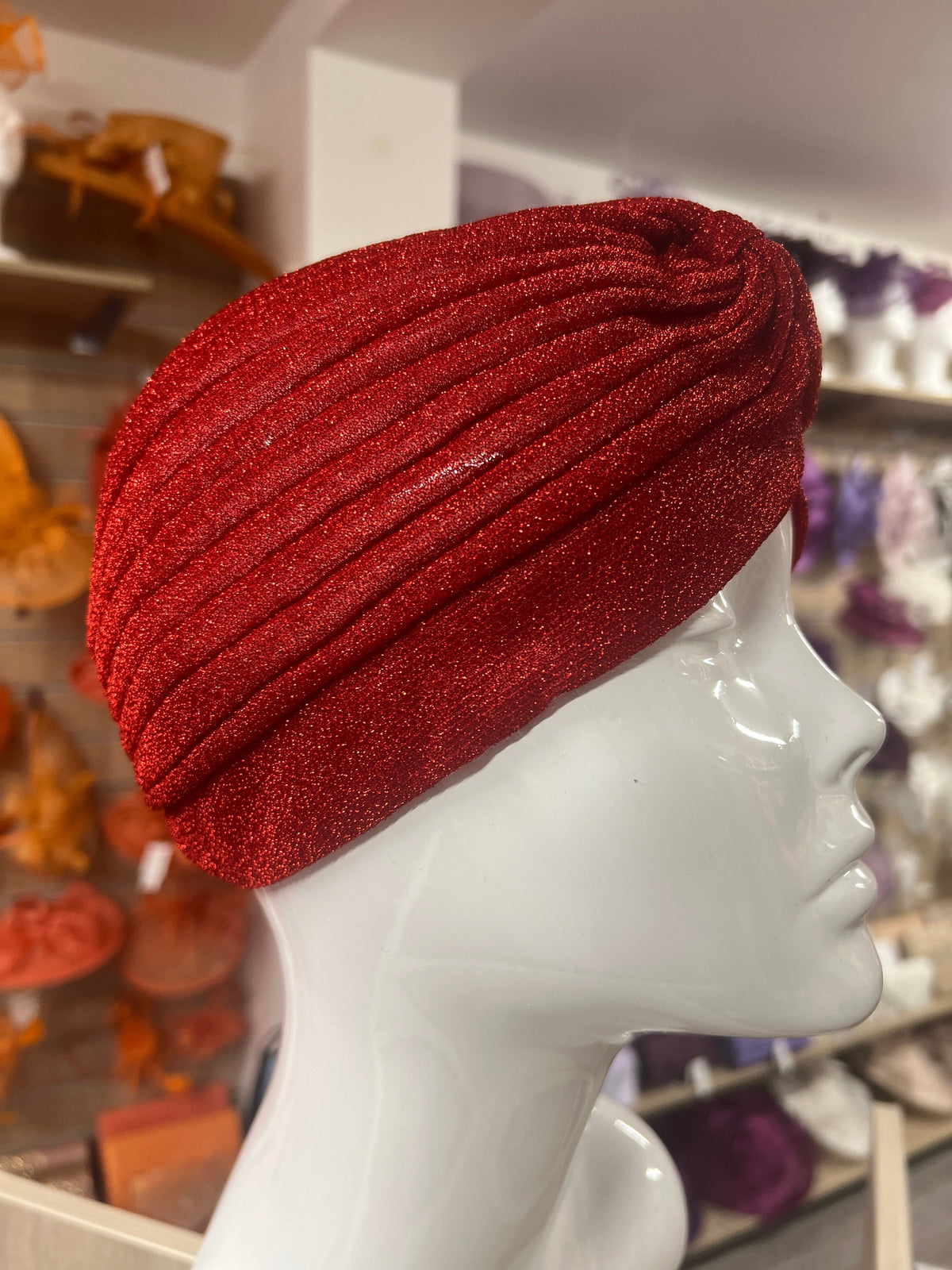 Red Glitter Turban Hat-Fascinators Direct