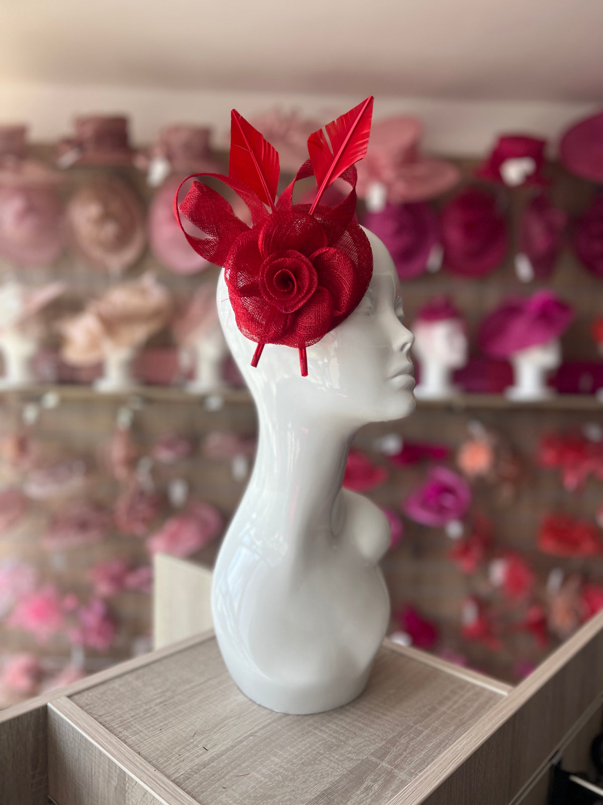 Red Hair Fascinator with Sinamay Flower &amp; Feather Quill-Fascinators Direct