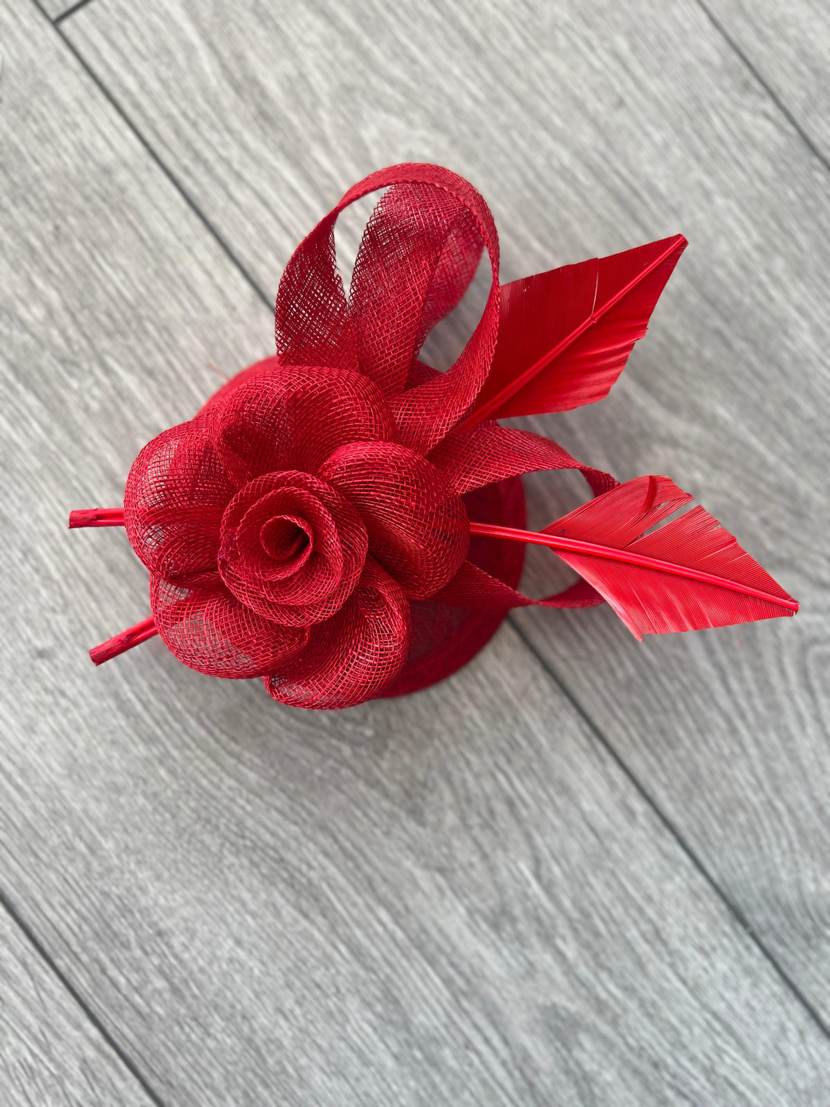 Red Hair Fascinator with Sinamay Flower &amp; Feather Quill-Fascinators Direct