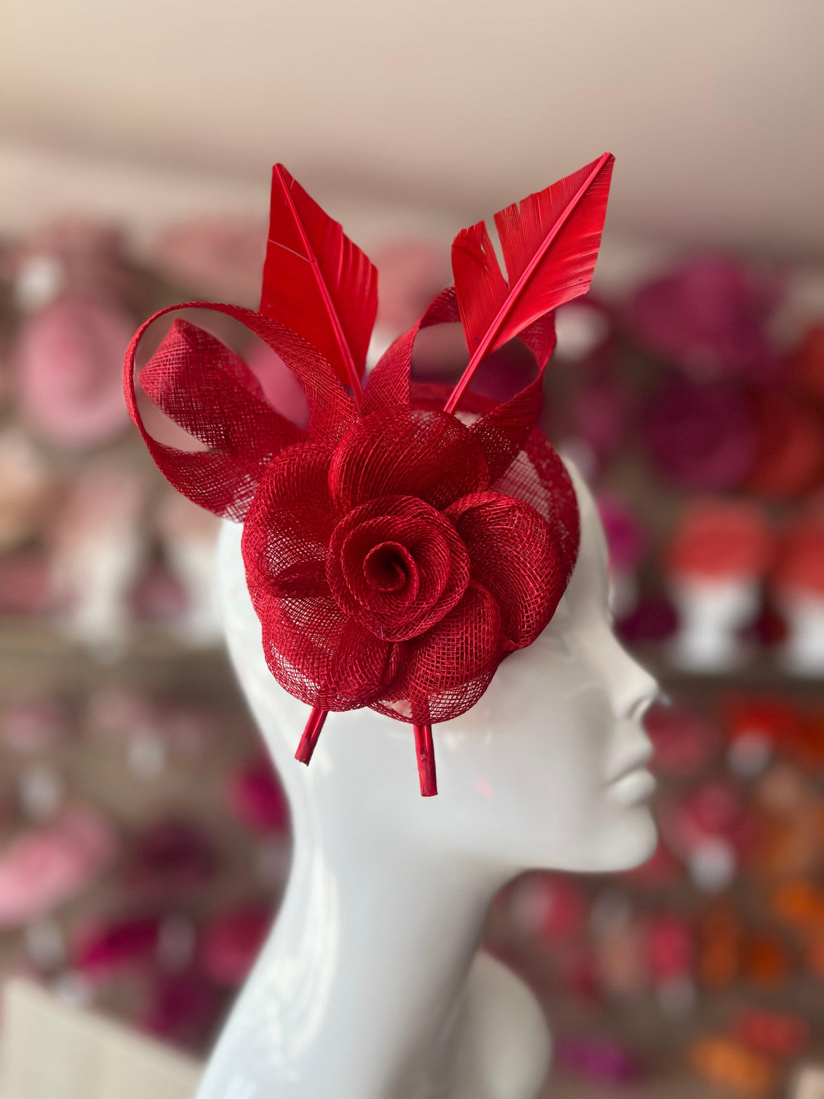 Red Hair Fascinator with Sinamay Flower &amp; Feather Quill-Fascinators Direct
