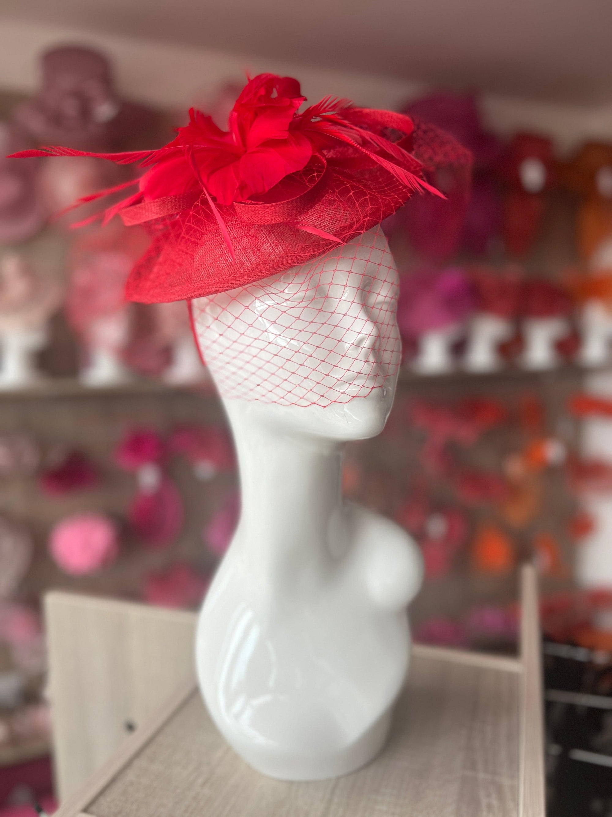 Red Hatinator With Feather Flower & Veil-Fascinators Direct