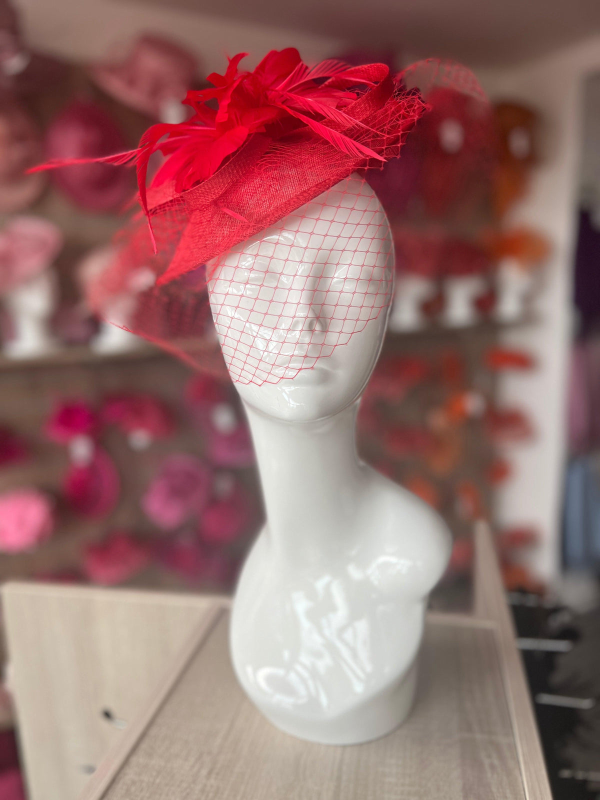 Red Hatinator With Feather Flower &amp; Veil-Fascinators Direct