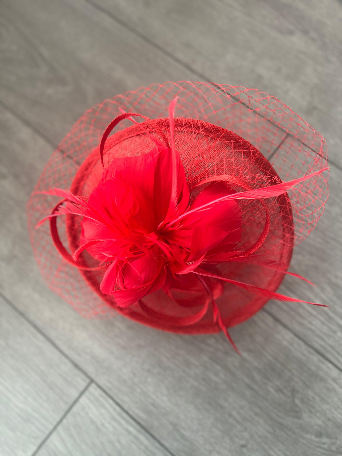 Red Hatinator With Feather Flower &amp; Veil-Fascinators Direct