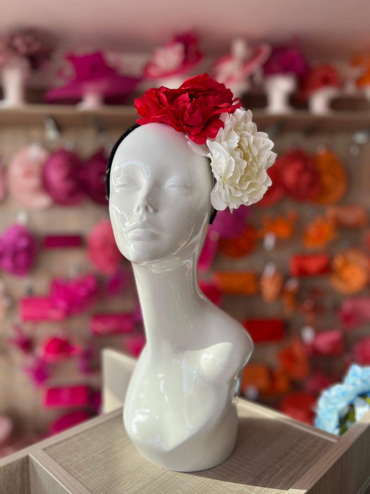 Red &amp; Ivory Double Peony Flower Headband-Fascinators Direct