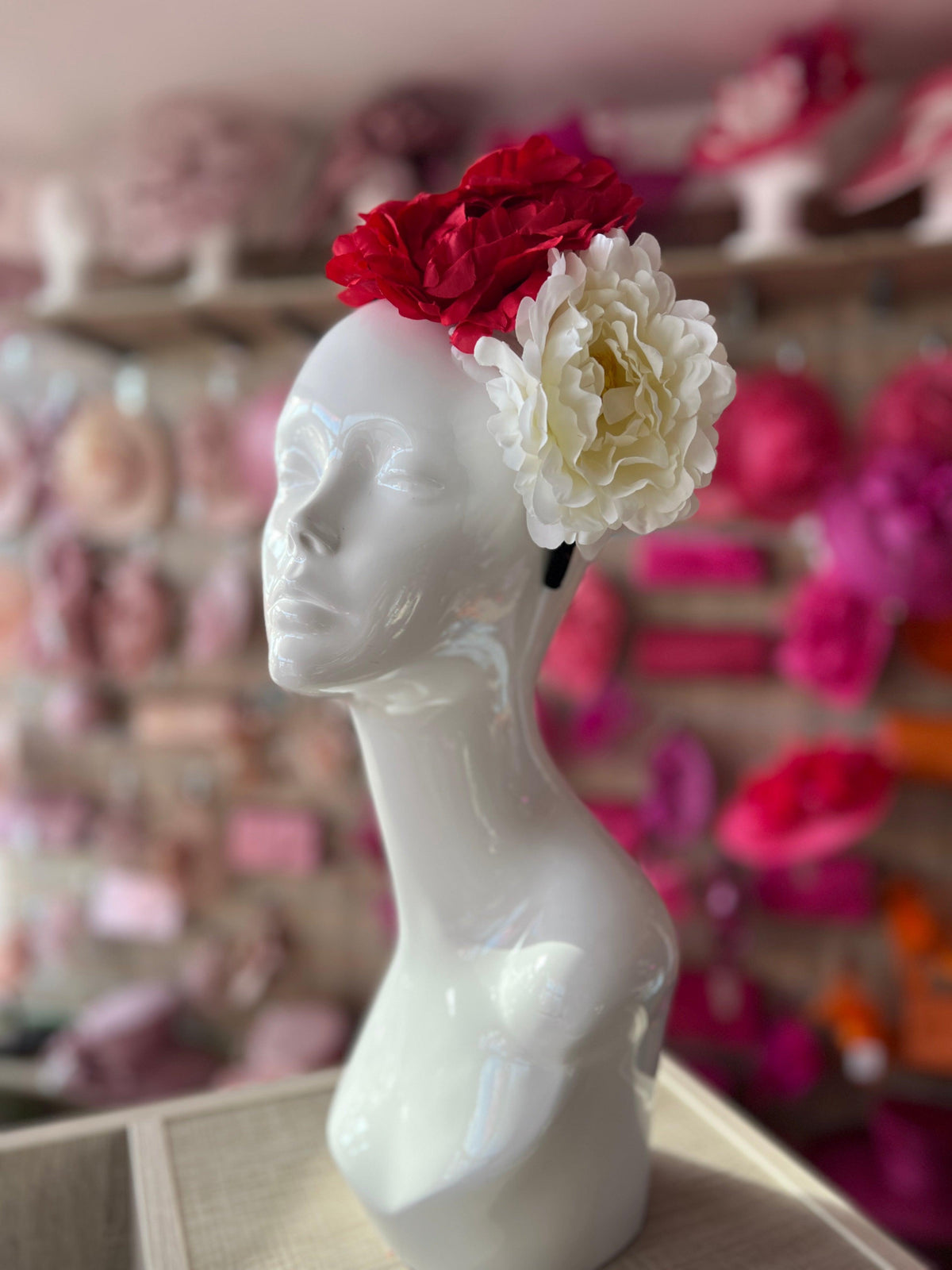Red &amp; Ivory Double Peony Flower Headband-Fascinators Direct