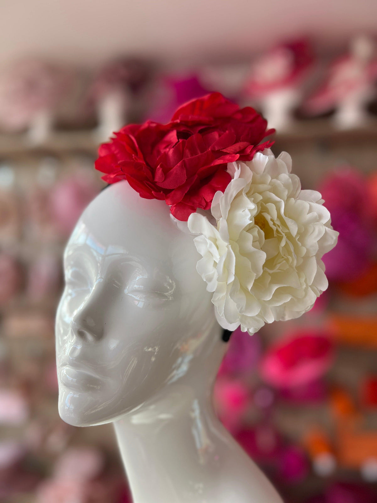 Red &amp; Ivory Double Peony Flower Headband-Fascinators Direct