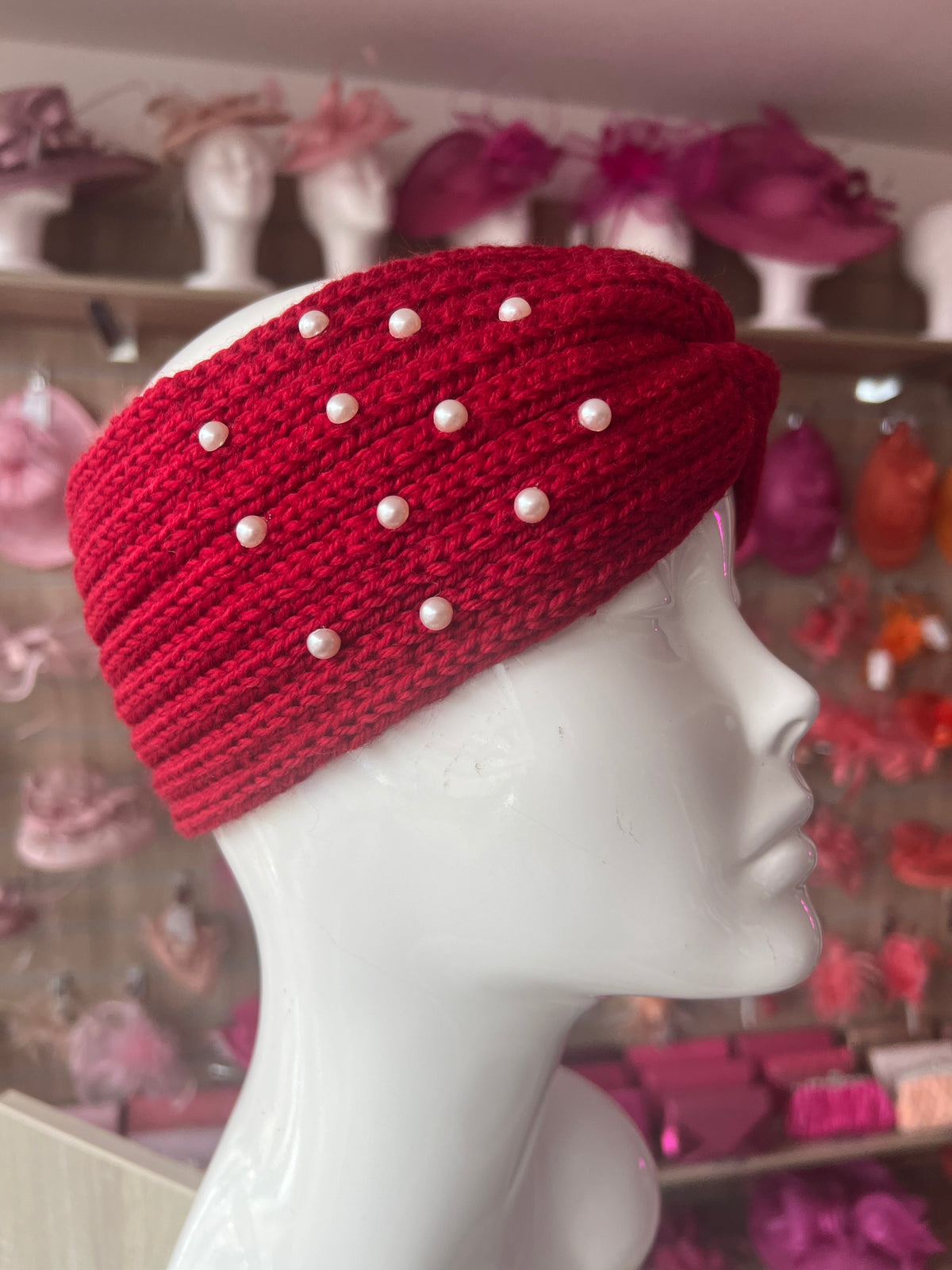 Red Knitted Headband Ear Warmer With Assorted Pearls-Fascinators Direct