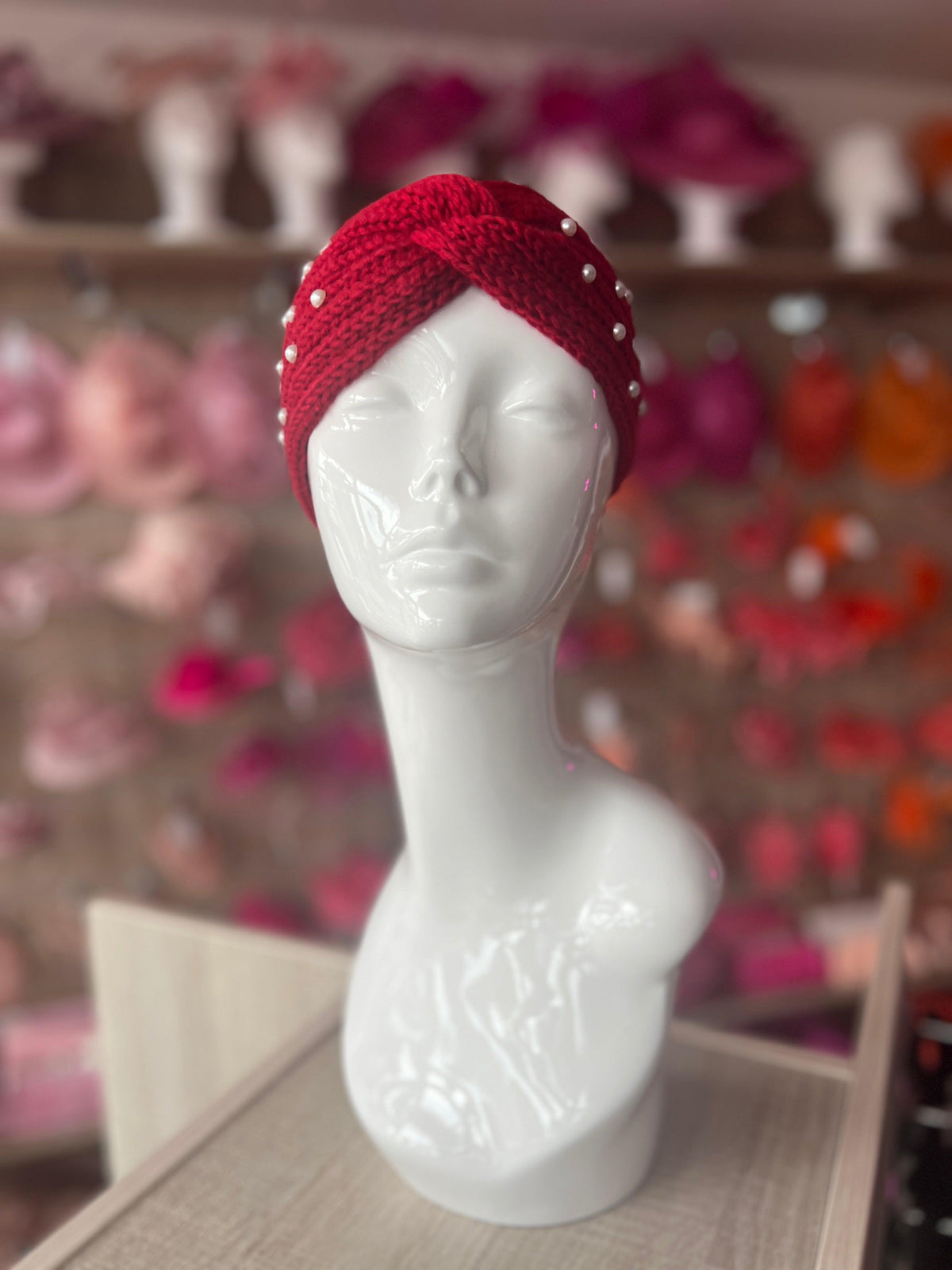 Red Knitted Headband Ear Warmer With Assorted Pearls-Fascinators Direct