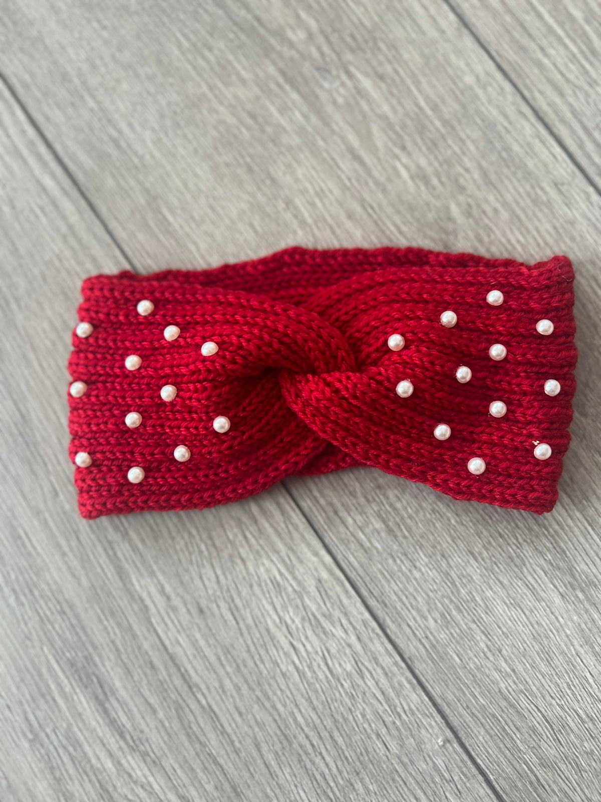 Red Knitted Headband Ear Warmer With Assorted Pearls-Fascinators Direct