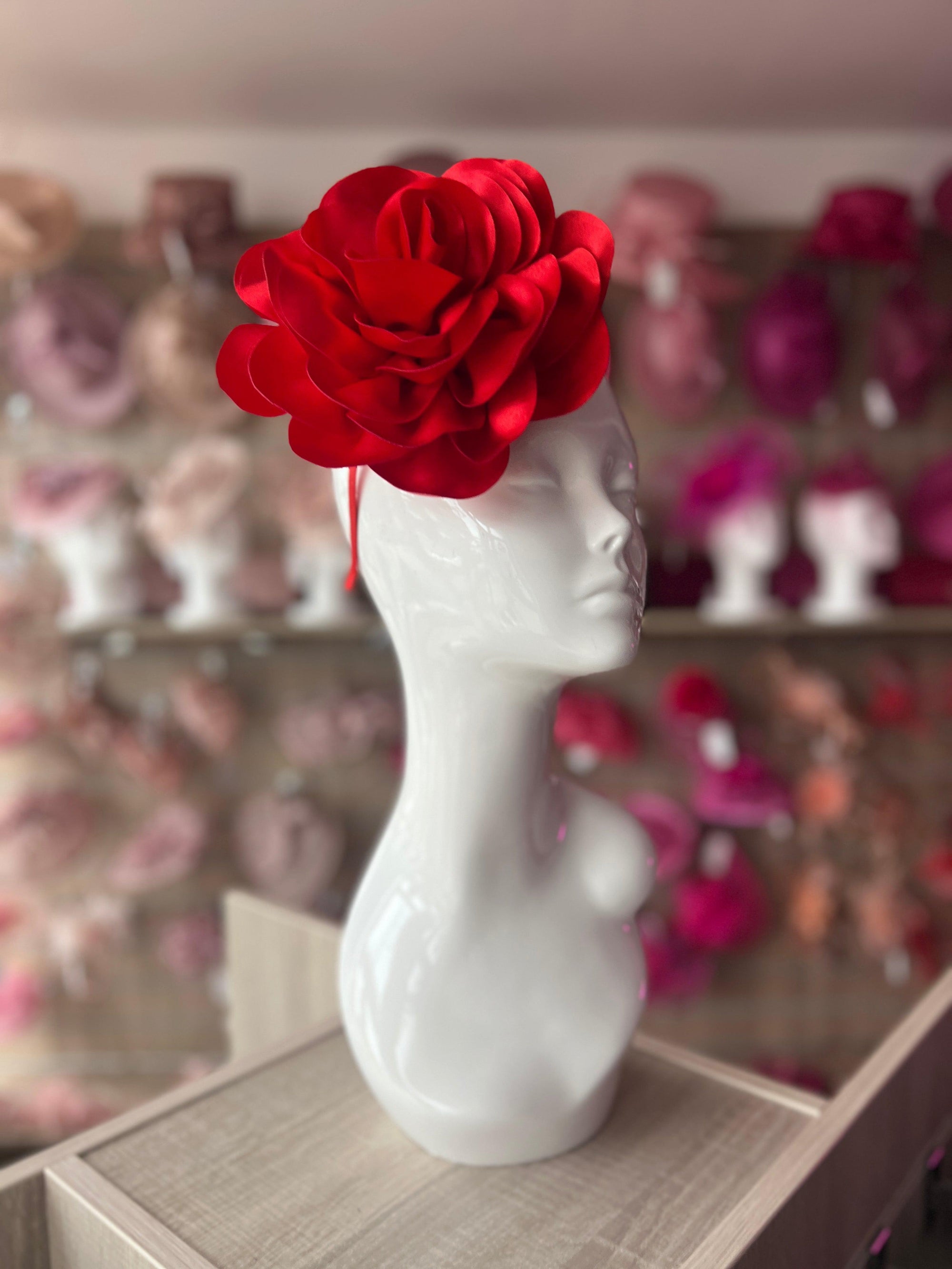 Red Large Satin Rose Flower Fascinator-Fascinators Direct